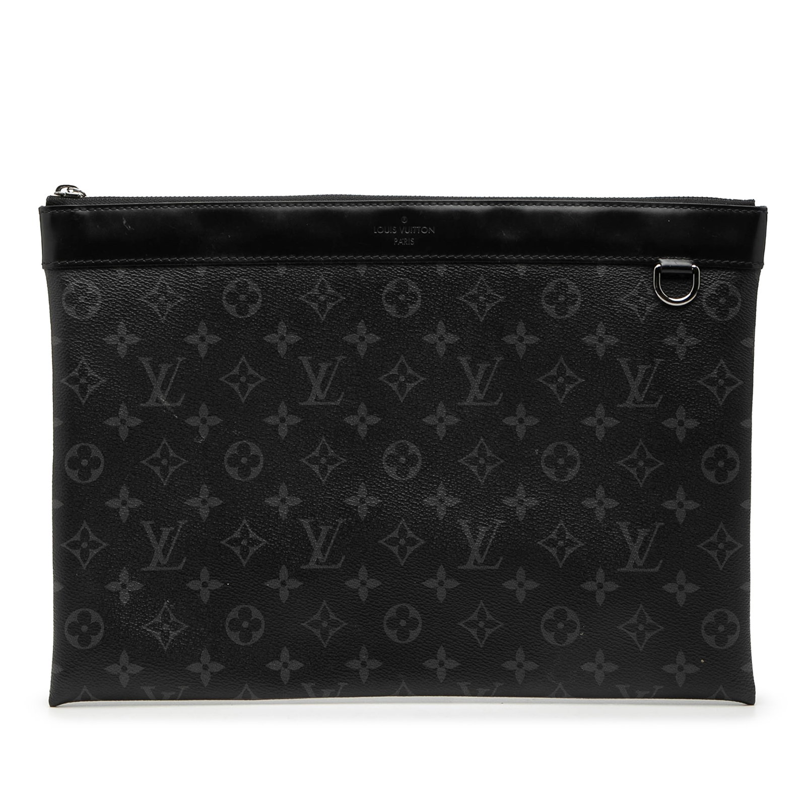 Monogram Eclipse GM Clutch Pouch by Louis Vuitton with Zip Top: Monogram Eclipse GM Clutch Pouch by Louis Vuitton with Zip Top The Louis Vuitton Monogram Eclipse Discovery Pochette GM is crafted with a monogram canvas body accented by leather trim. It features a t