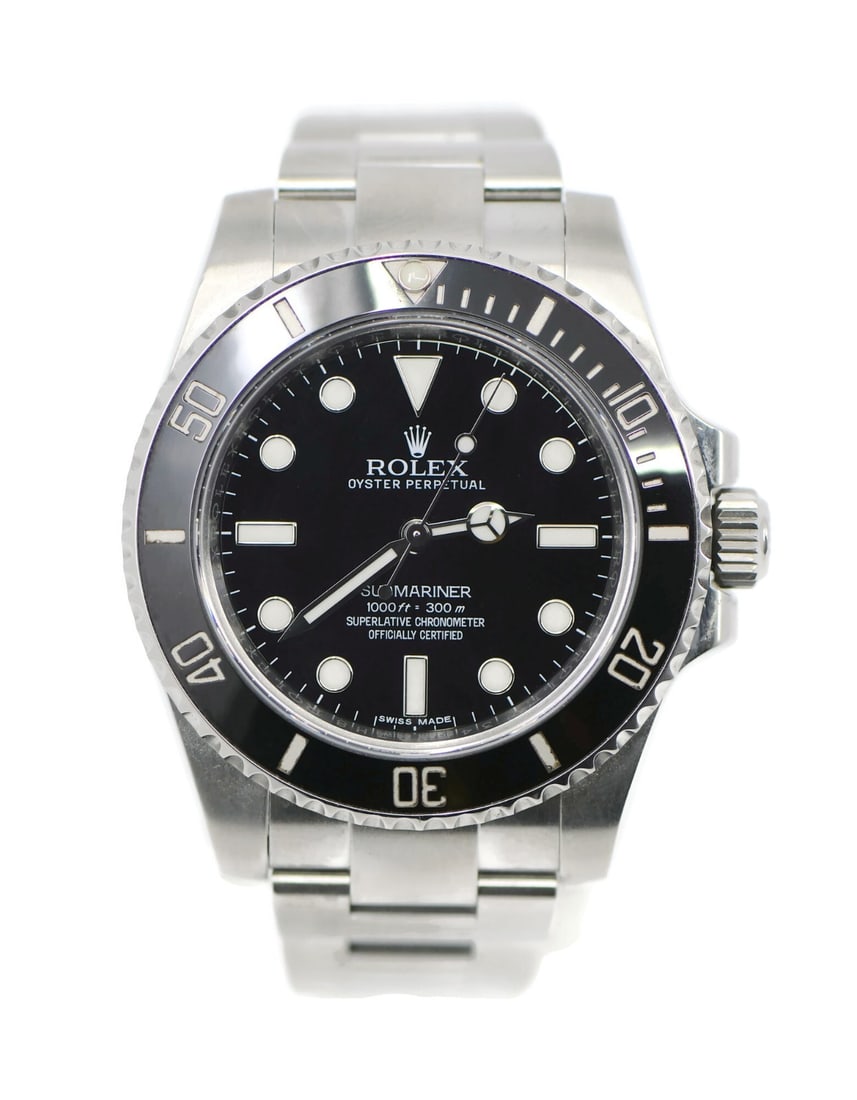 Submariner 114060 Stainless Steel Black Dial Rolex Automatic 40mm Watch with Box: Submariner 114060 Stainless Steel Black Dial Rolex Automatic 40mm Watch with Box This Rolex Submariner No Date wristwatch features a stainless steel case and band, a black analog dial, and a mechanica
