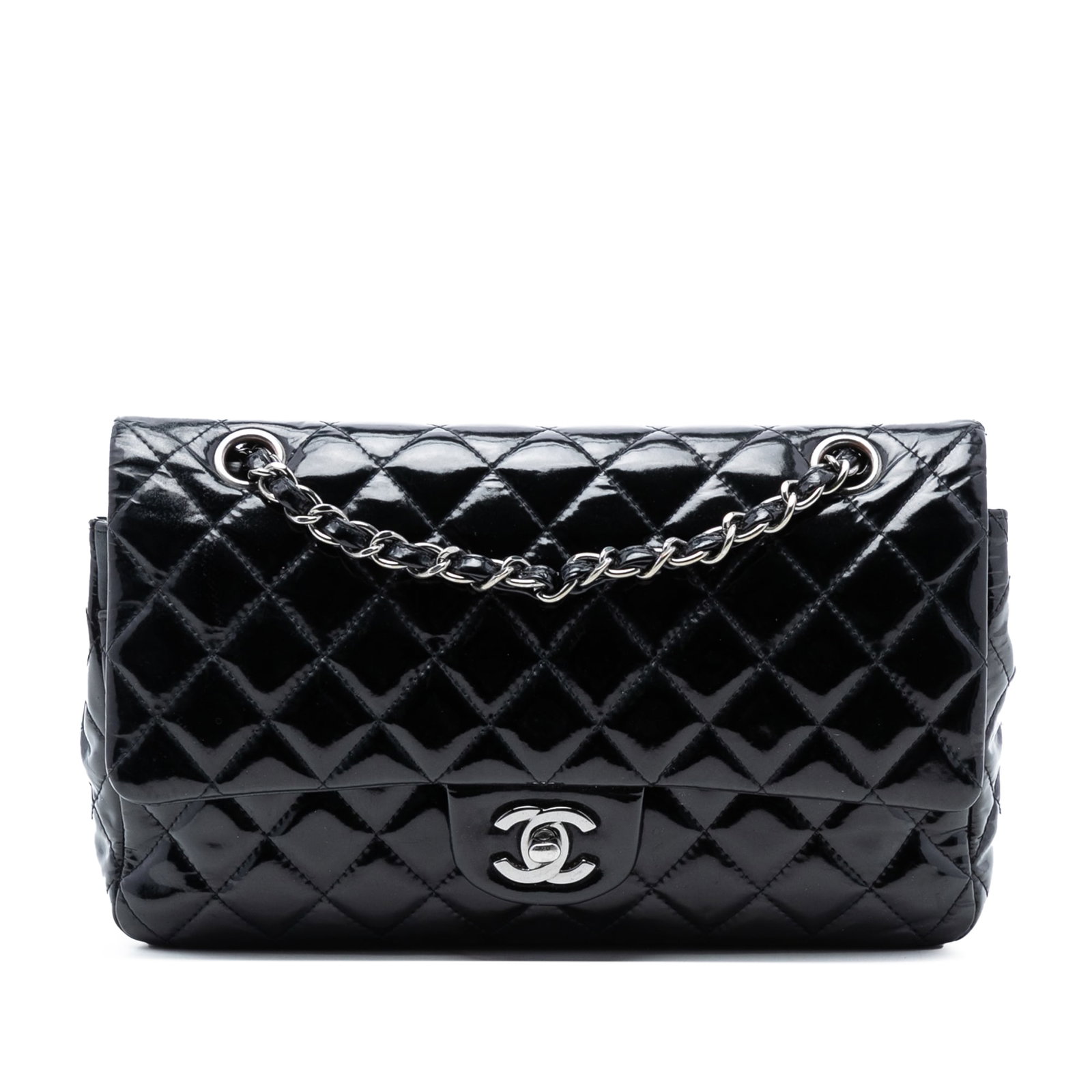 Black Patent Leather Medium Shoulder Bag Chanel Classic Double Flap: Black Patent Leather Medium Shoulder Bag Chanel Classic Double Flap This Chanel Medium Classic Patent Double Flap shoulder bag showcases a quilted patent leather exterior in black, complemented by lea