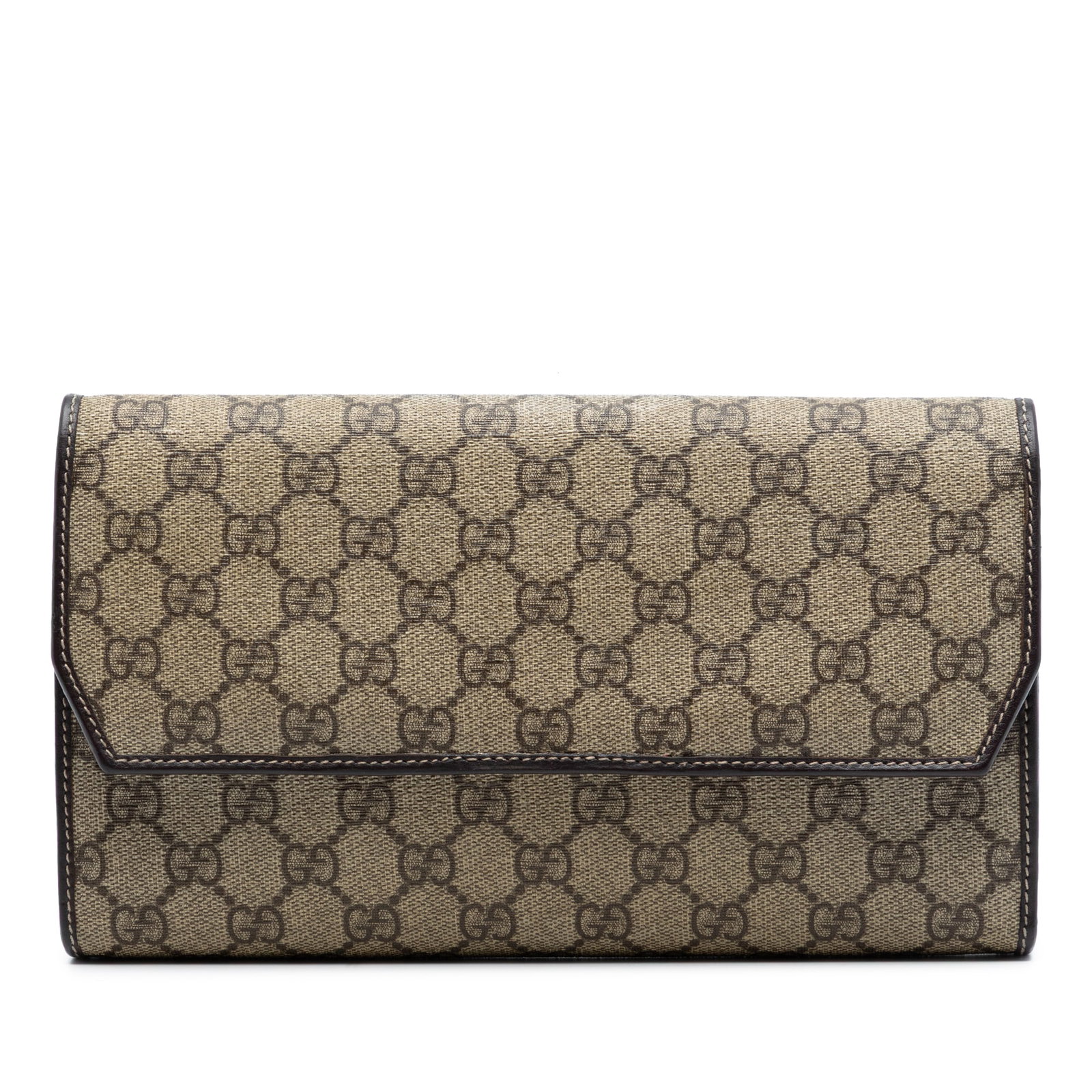 Beige GG Supreme Coated Canvas Clutch with Leather Trim by Gucci: Beige GG Supreme Coated Canvas Clutch with Leather Trim by Gucci This Gucci GG Supreme Clutch features a coated canvas body with leather trim, a front flap with magnetic snap closure, and an interior 