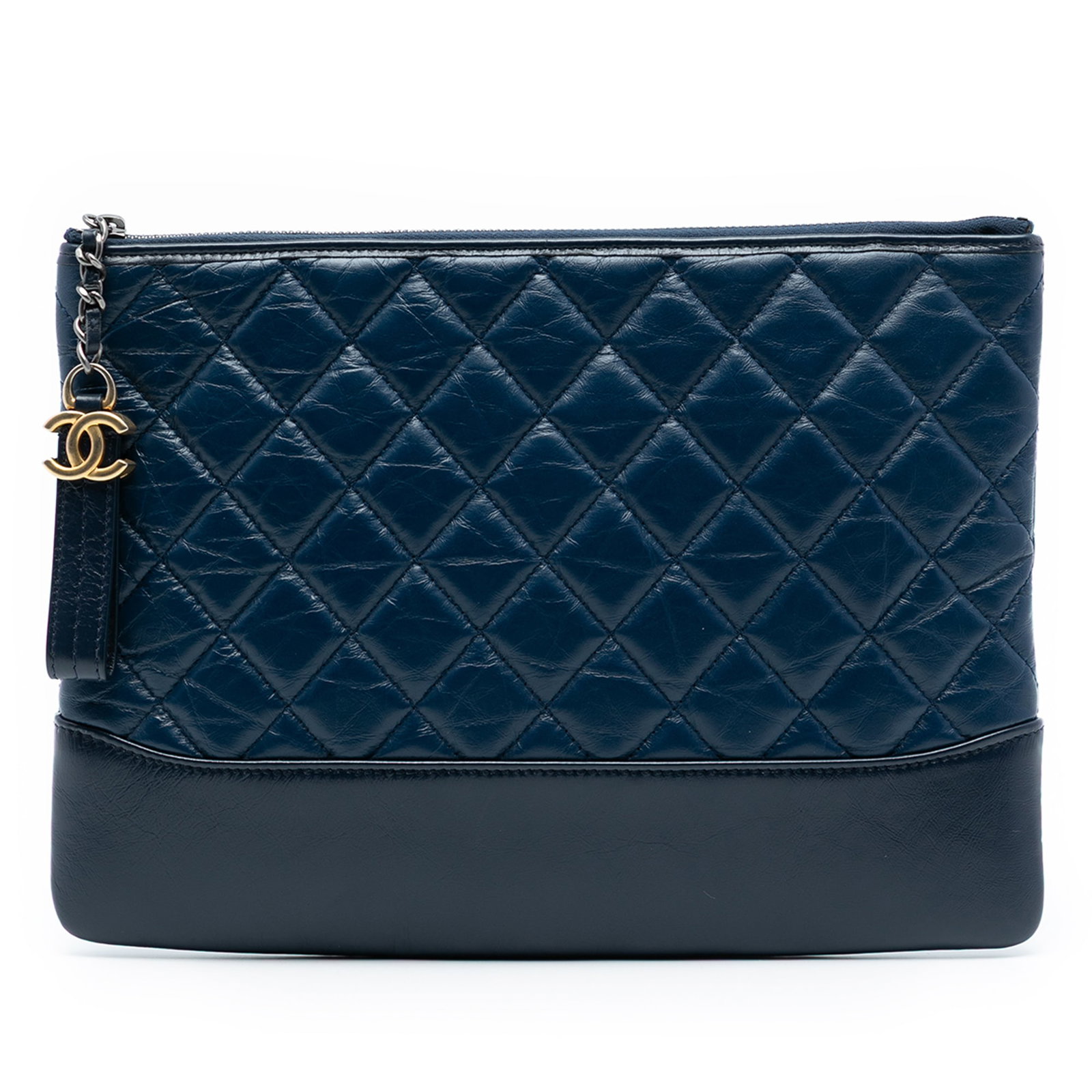 Chanel Gabrielle O Case Medium Blue Quilted Leather Clutch Bag: Chanel Gabrielle O Case Medium Blue Quilted Leather Clutch Bag This Chanel Medium Aged Calfskin Gabrielle O Case Clutch features a quilted calf leather exterior in blue, a top zip closure, and an inte