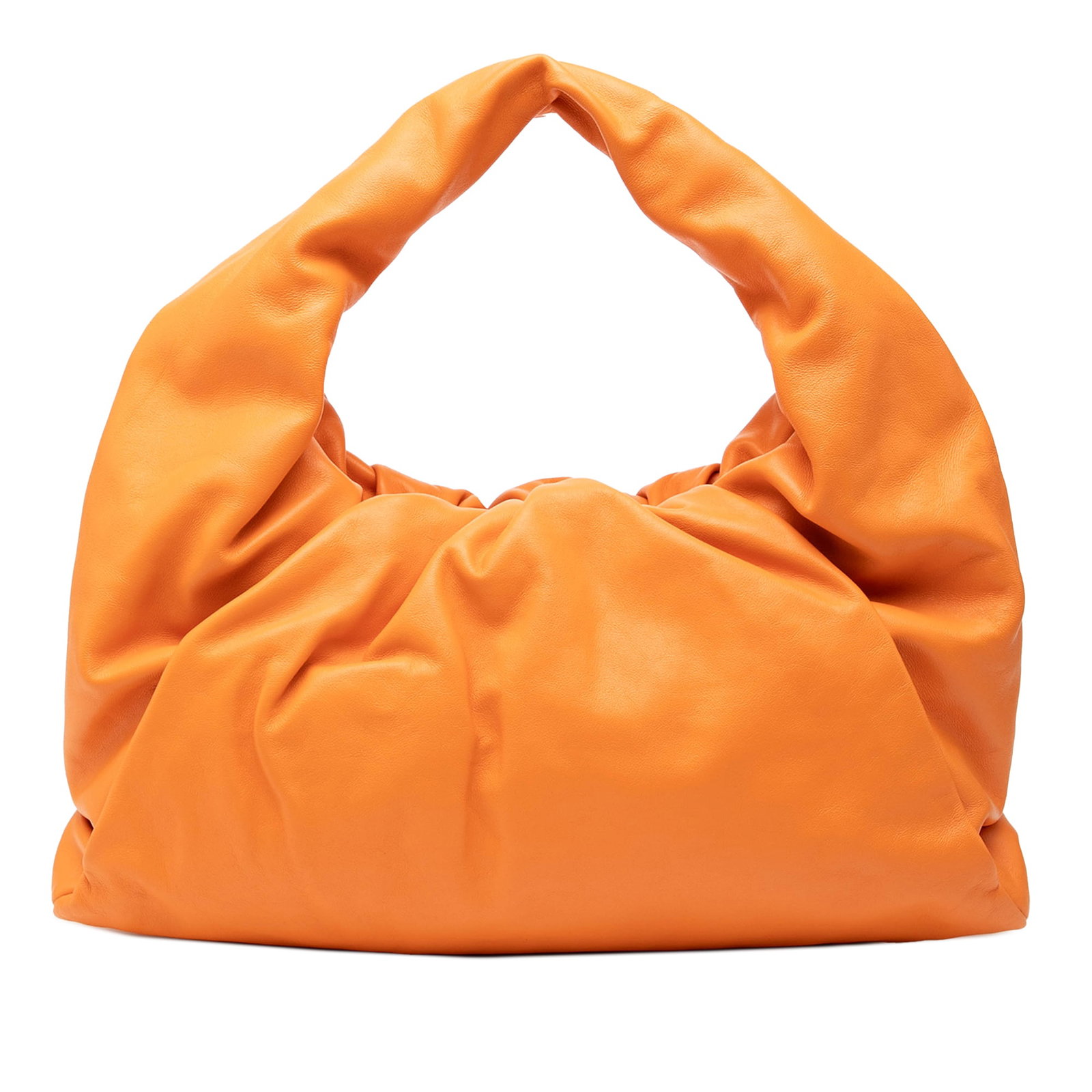 Bottega Veneta The Shoulder Pouch Orange Leather Bag: Bottega Veneta The Shoulder Pouch Orange Leather Bag This Bottega Veneta The Shoulder Pouch is crafted from orange lambskin leather and features a leather handle with a magnetic frame closure. The bag