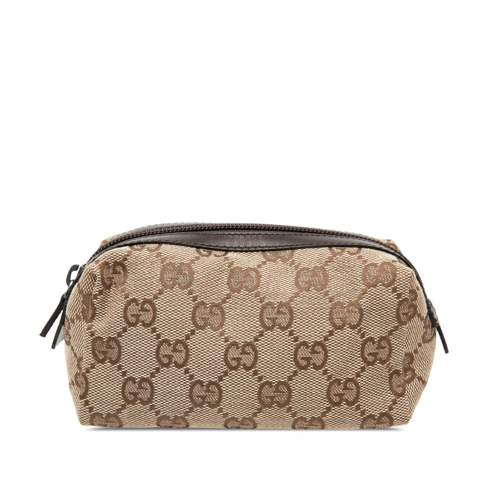 Beige GG Canvas Small Pouch by Gucci with Top Zip Closure: Beige GG Canvas Small Pouch by Gucci with Top Zip Closure This Gucci GG Canvas Pouch features a beige canvas body with a top zip closure. The item is categorized as a small leather good and is crafted