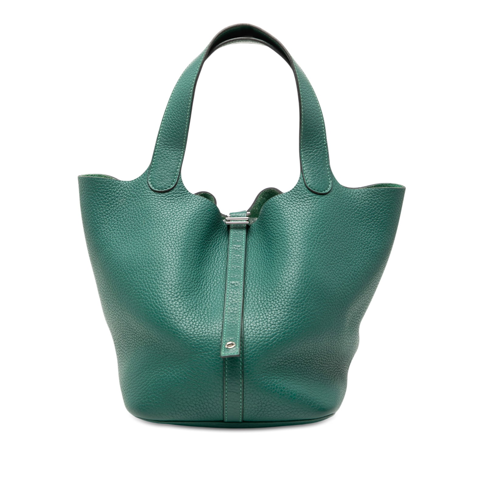 Hermes Picotin Lock 22 Clemence Leather Green Handbag: Hermes Picotin Lock 22 Clemence Leather Green Handbag This Hermes Picotin Lock 22 bag is crafted from Clemence leather in a striking Malachite green color. It features flat leather handles and an open