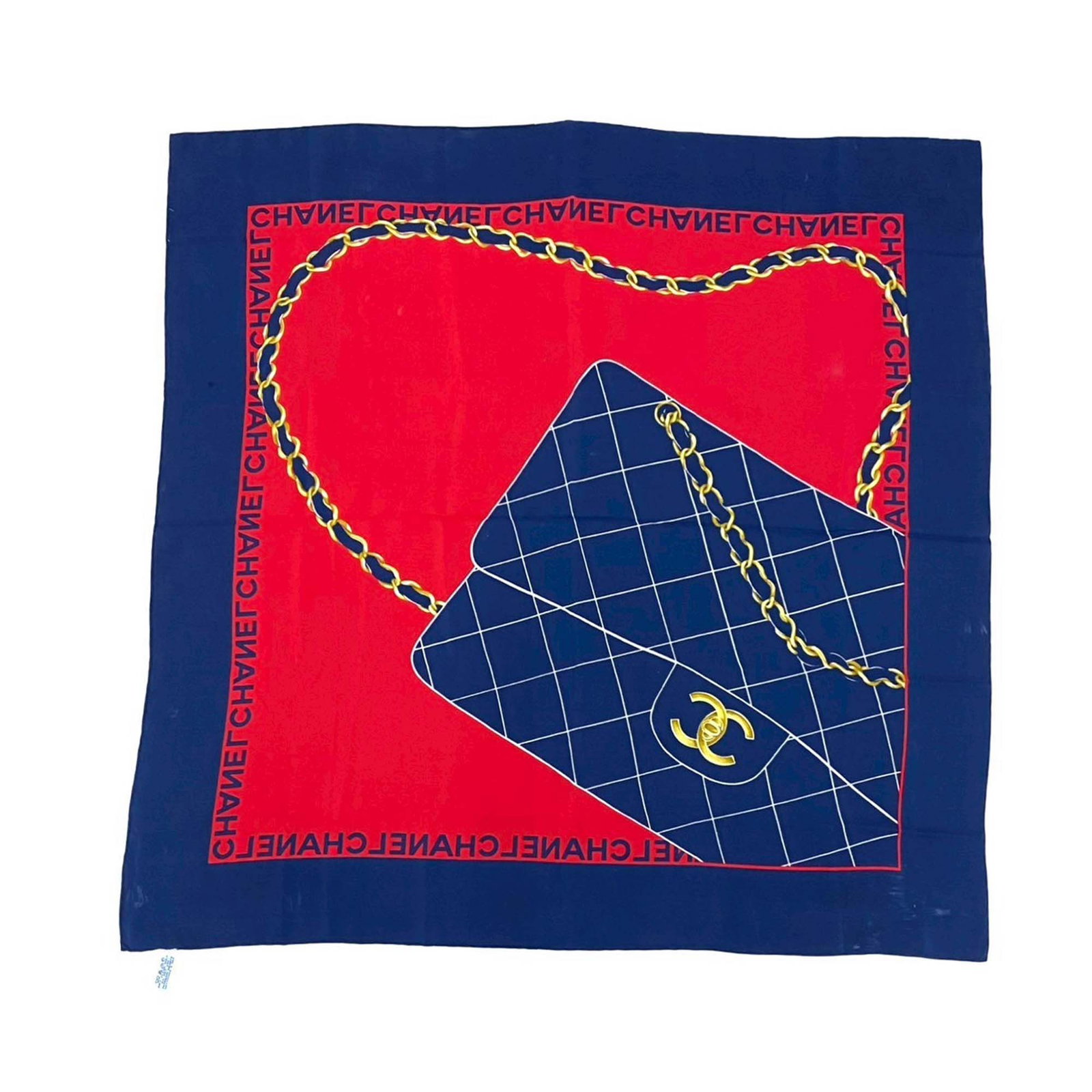 Blue Silk Square Scarf by Chanel Classic Flap Collection 85 x 85 cm: Blue Silk Square Scarf by Chanel Classic Flap Collection 85 x 85 cm This Chanel Classic Flap Silk Scarf is crafted from 100% silk and features a printed design in blue. Made in Italy, it offers a luxu