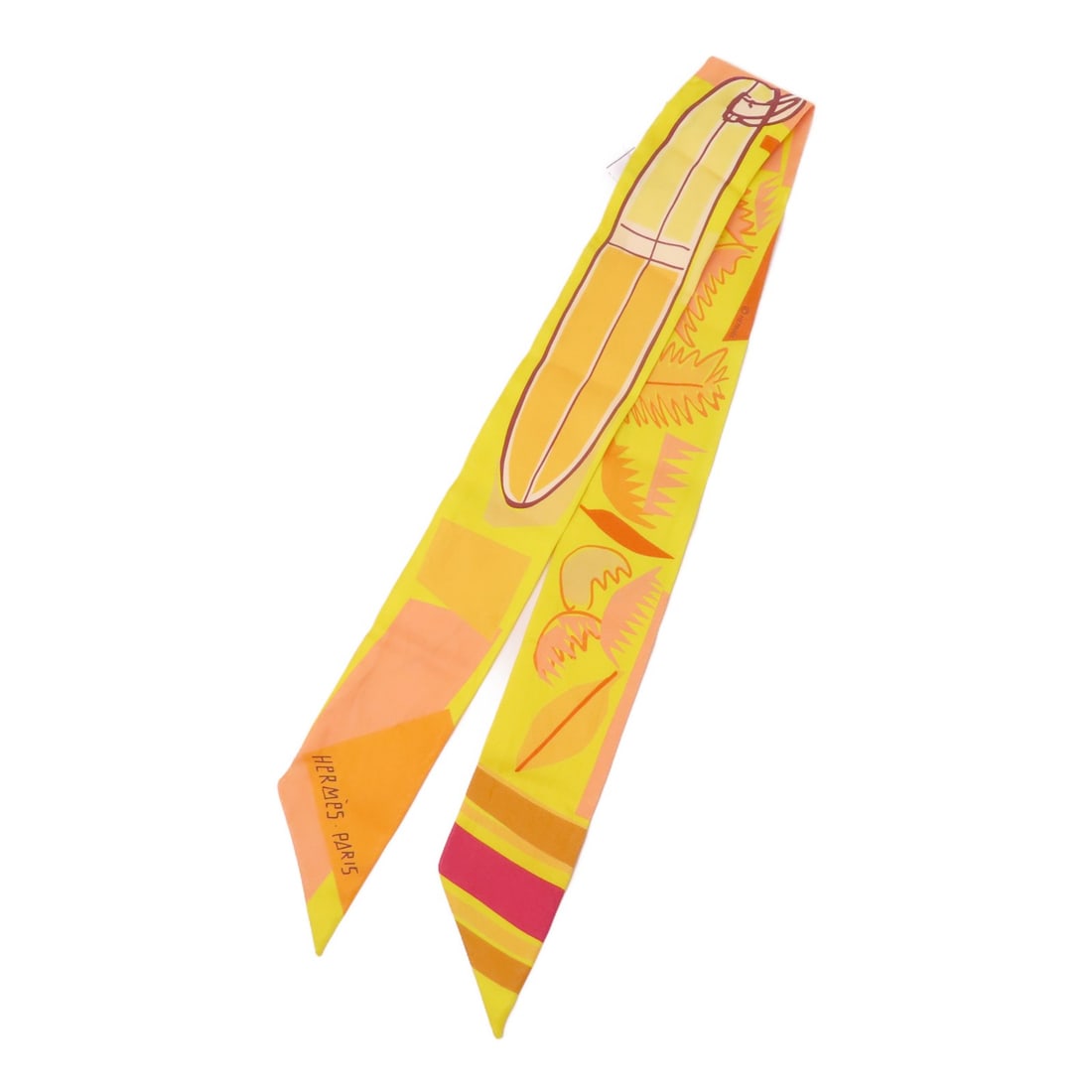 Hermes Yellow Silk Twilly Scarf: Hermes Yellow Silk Twilly Scarf This Hermes Twilly scarf is crafted from luxurious silk in a vibrant yellow hue. Designed for women, it features a classic style and showcases the renowned craftsmanshi