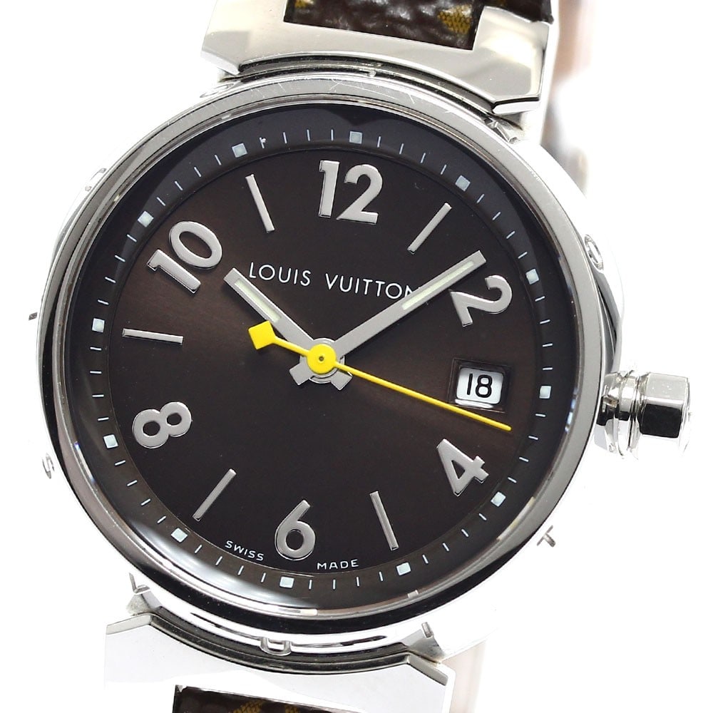 Louis Vuitton Tambour Q1211 Quartz Date Brown Dial Women's Watch: Louis Vuitton Tambour Q1211 Quartz Date Brown Dial Women's Watch This Louis Vuitton Tambour Date Quartz women's wristwatch features a stainless steel case and a brown dial, complemented by a leather s