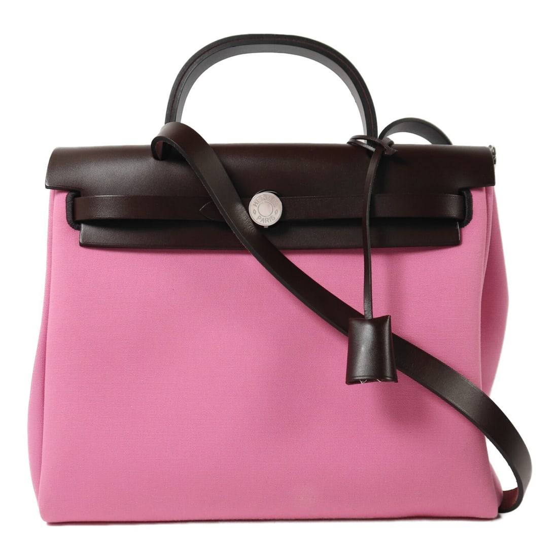 Herbag PM Shoulder Bag Pink Canvas and Leather by Hermes: Herbag PM Shoulder Bag Pink Canvas and Leather by Hermes This Hermes Herbag PM is a versatile 2-way shoulder bag crafted from pink canvas with leather accents. It features palladium hardware and offer