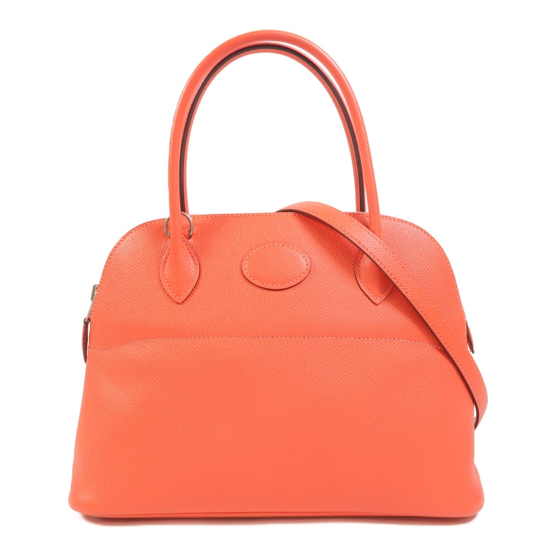 Hermes Bolide 27 Orange Epsom Leather Shoulder Bag with Palladium Hardware: Hermes Bolide 27 Orange Epsom Leather Shoulder Bag with Palladium Hardware This Hermes Bolide 27 is a versatile two-way shoulder handbag crafted from Epsom leather in a striking orange color. Featurin
