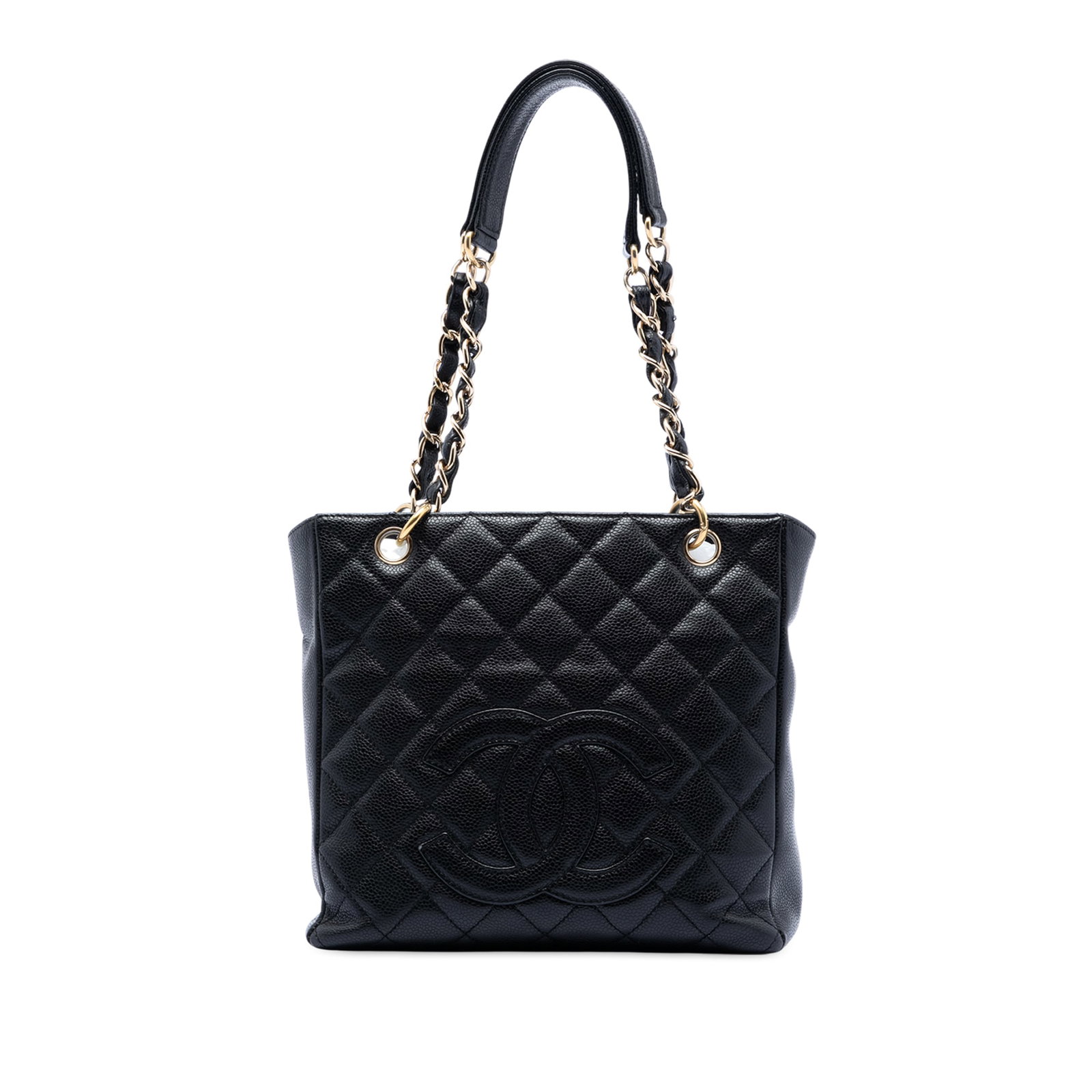 Chanel Black Caviar Leather Petite Shopping Tote Shoulder Bag: Chanel Black Caviar Leather Petite Shopping Tote Shoulder Bag This Chanel Caviar Petite Shopping Tote is crafted from durable caviar leather and features leather-woven chain link shoulder straps with 