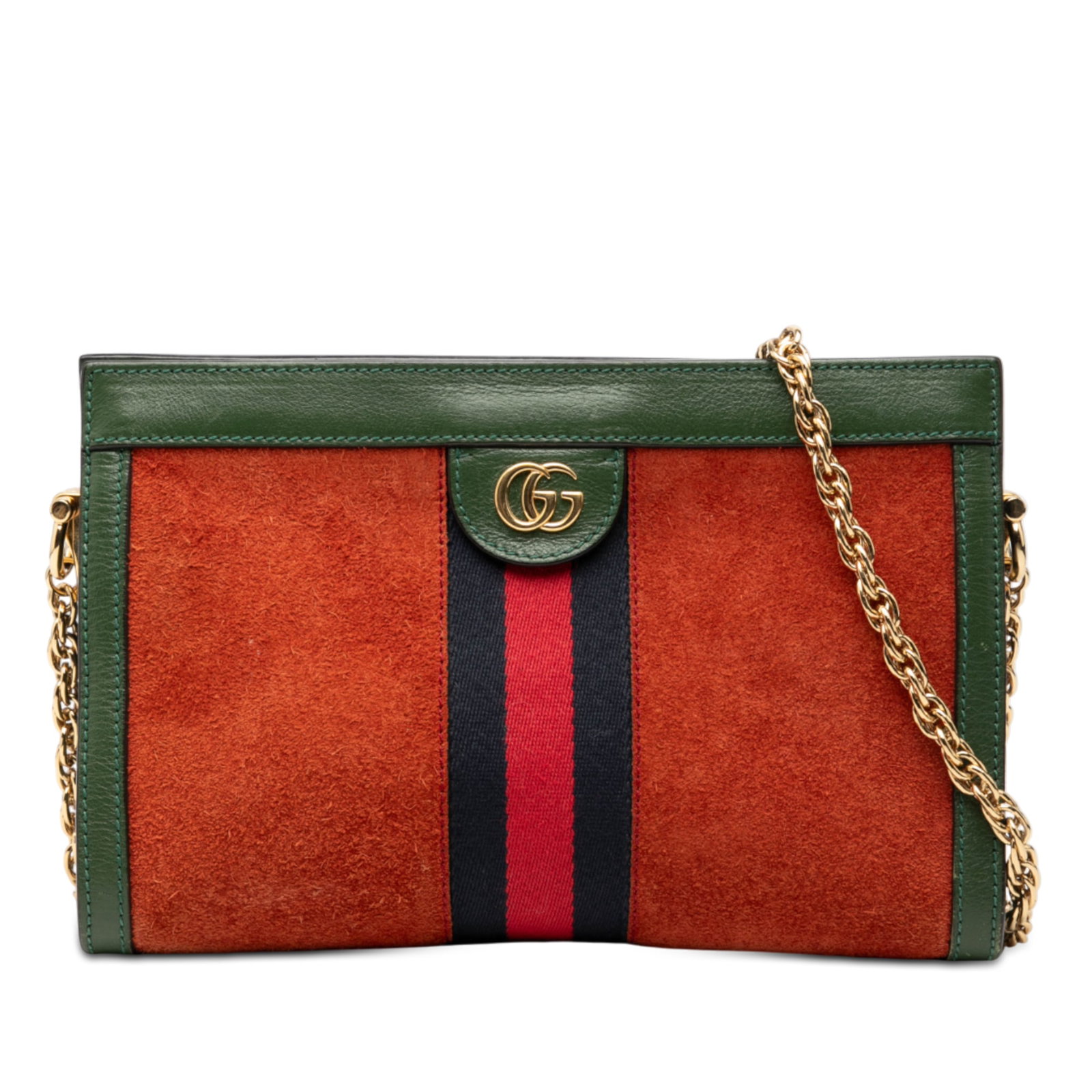 Gucci Ophidia Small Orange Suede Leather Chain Crossbody Shoulder Bag: Gucci Ophidia Small Orange Suede Leather Chain Crossbody Shoulder Bag This Gucci Small Suede Ophidia Chain Crossbody bag features an orange suede body with leather trim and a gold-tone chain shoulder 