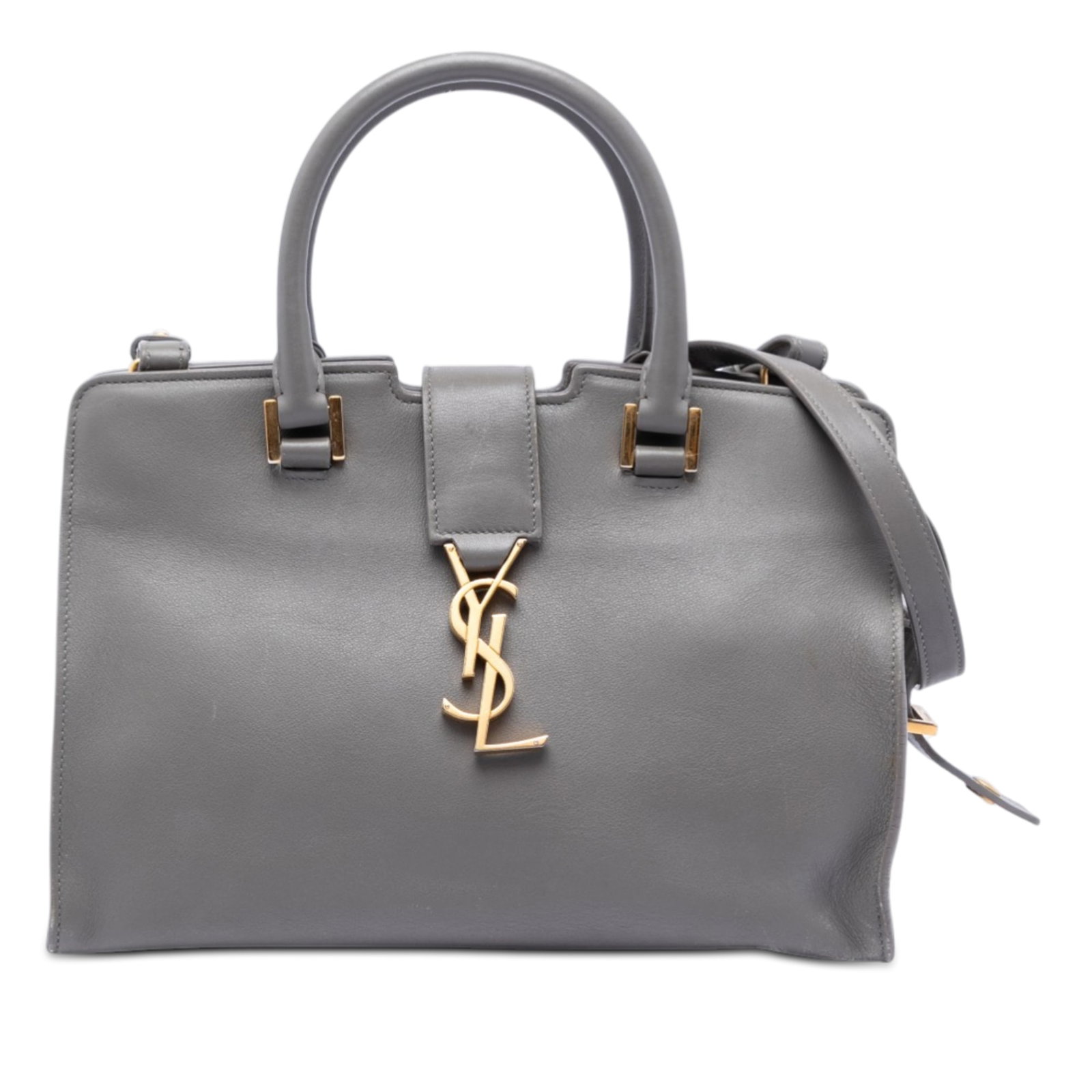 Saint Laurent Baby Downtown Cabas Gray Leather Monogram Satchel Bag: Saint Laurent Baby Downtown Cabas Gray Leather Monogram Satchel Bag This Saint Laurent Baby Leather Monogram Downtown Cabas Satchel features a gray leather body, rolled leather handles, and a detachab