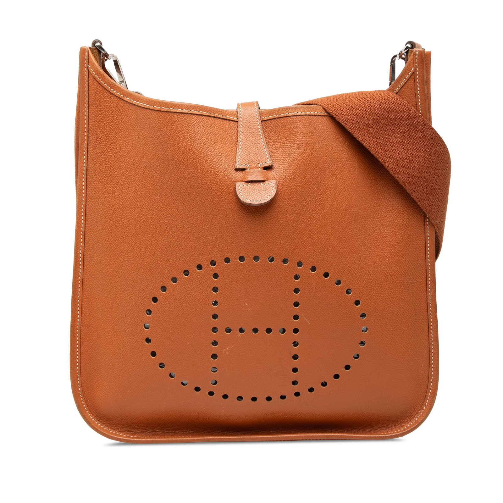 Hermes Evelyne PM Fauve Epsom Leather Shoulder Bag with Canvas Strap: Hermes Evelyne PM Fauve Epsom Leather Shoulder Bag with Canvas Strap The Hermes Evelyne PM is crafted from Epsom leather in Fauve color and features a detachable flat canvas strap. The bag is designed