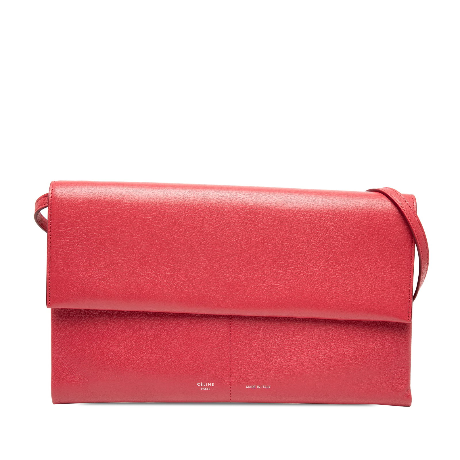 Celine Red Leather Folded Clutch Shoulder Bag with Strap: Celine Red Leather Folded Clutch Shoulder Bag with Strap This Celine shoulder bag features a red leather body with a flat leather shoulder strap and a flap secured by a snap button closure. The interi