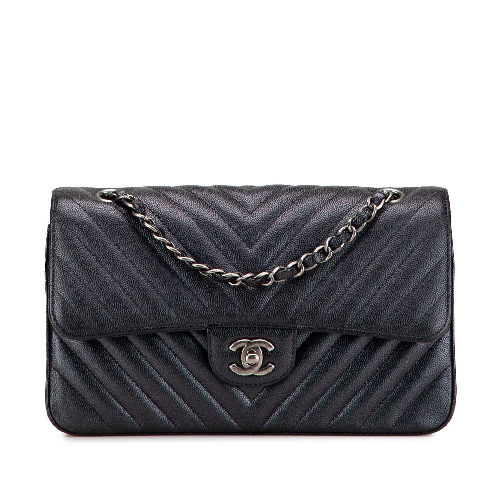 Chanel Medium Classic Chevron Caviar Double Flap Shoulder Bag Black Leather: Chanel Medium Classic Chevron Caviar Double Flap Shoulder Bag Black Leather The Chanel Medium Classic Chevron Caviar Double Flap is an elegant shoulder bag crafted from luxurious quilted caviar leathe