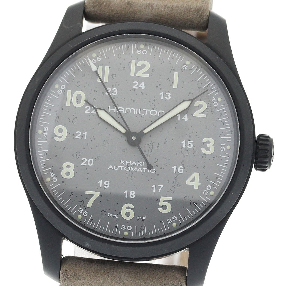 Hamilton Khaki Field Titanium Automatic Men's Watch H702150: Hamilton Khaki Field Titanium Automatic Men's Watch H702150 This Hamilton Khaki Field men's wristwatch features a titanium case and a gray dial, paired with a leather bracelet. The watch is powered by