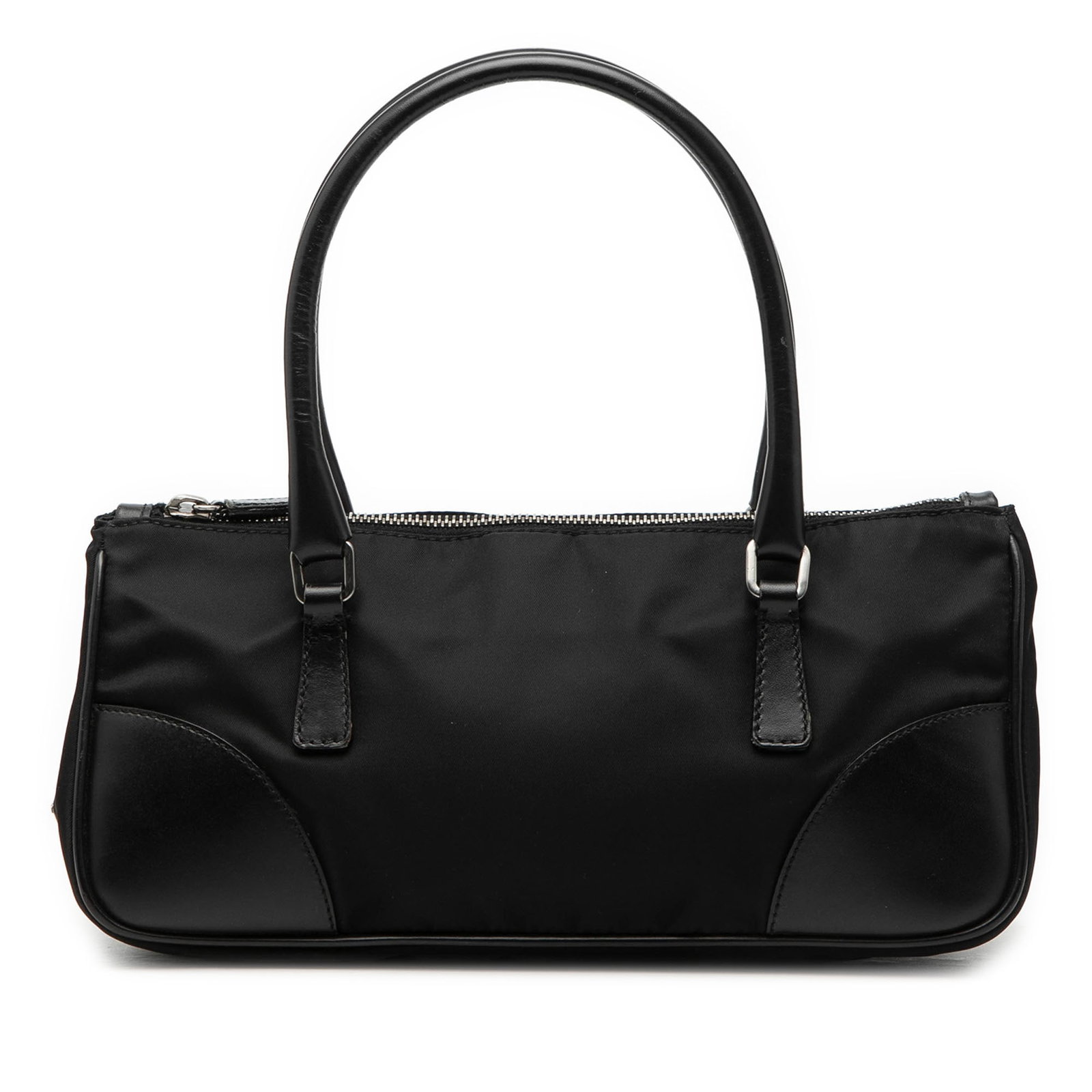 Prada Tessuto Nylon Handbag with Vitello Leather Accents: Prada Tessuto Nylon Handbag with Vitello Leather Accents This Prada Vitello Trimmed Tessuto Handbag features a durable nylon body with leather trim, rolled leather handles, a top zip closure, and an i