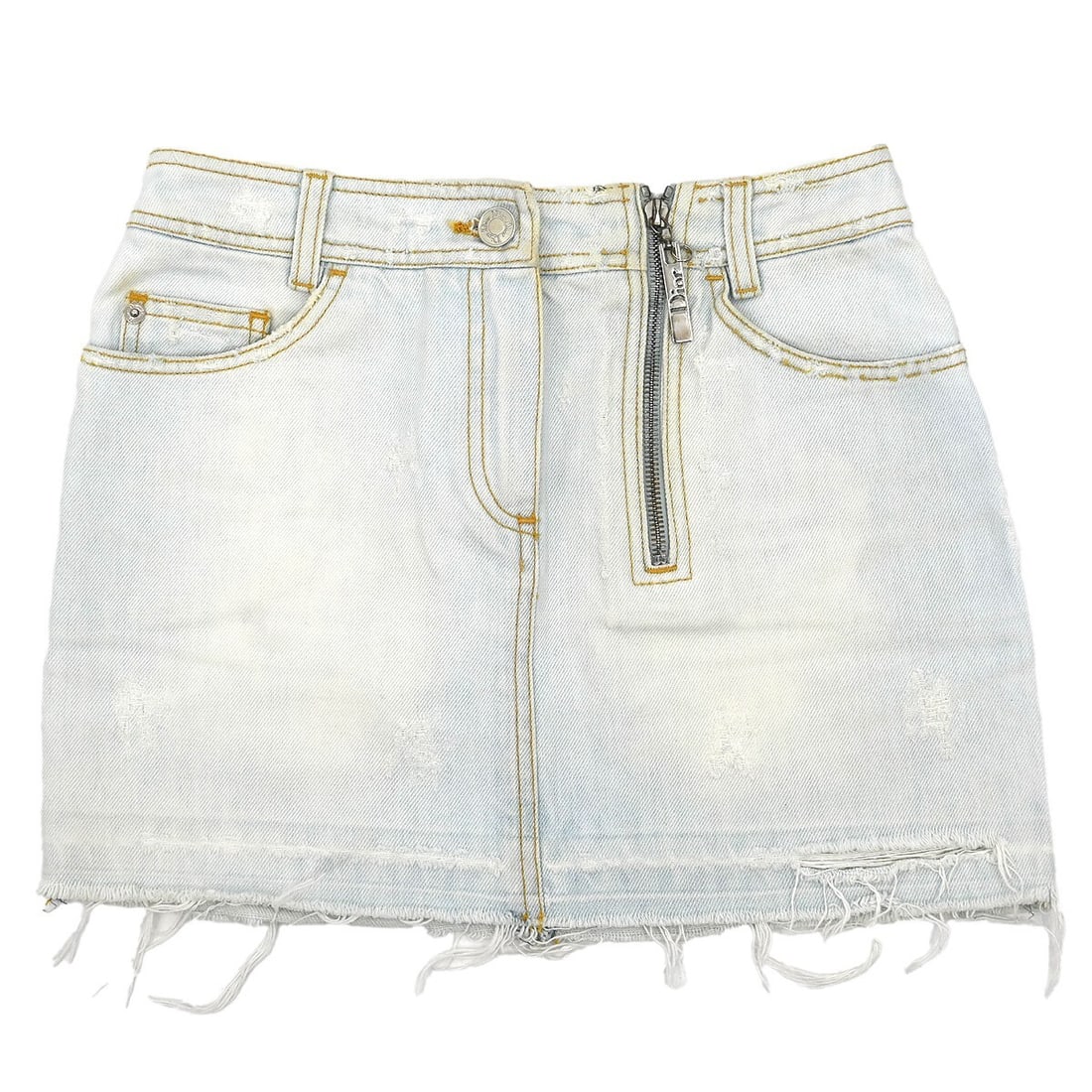 Christian Dior Light Blue Denim Skirt Zip Closure #34: Christian Dior Light Blue Denim Skirt Zip Closure #34 Elevate your casual wardrobe with this chic light blue denim skirt from Christian Dior. Crafted from 100% cotton, this skirt offers both comfort a