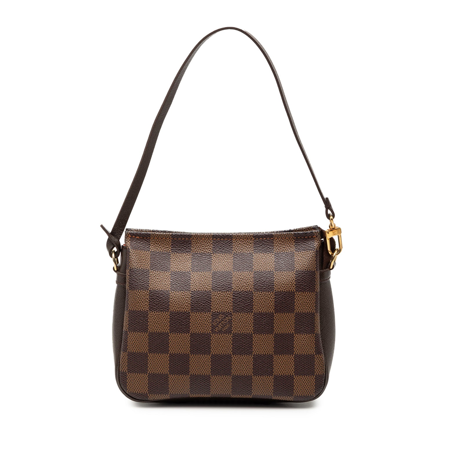 Damier Ebene Canvas Pouch with Leather Strap by Louis Vuitton: Damier Ebene Canvas Pouch with Leather Strap by Louis Vuitton This Louis Vuitton Damier Ebene Trousse Pochette features the signature Damier canvas body, a flat leather strap, and a top zip closure. T