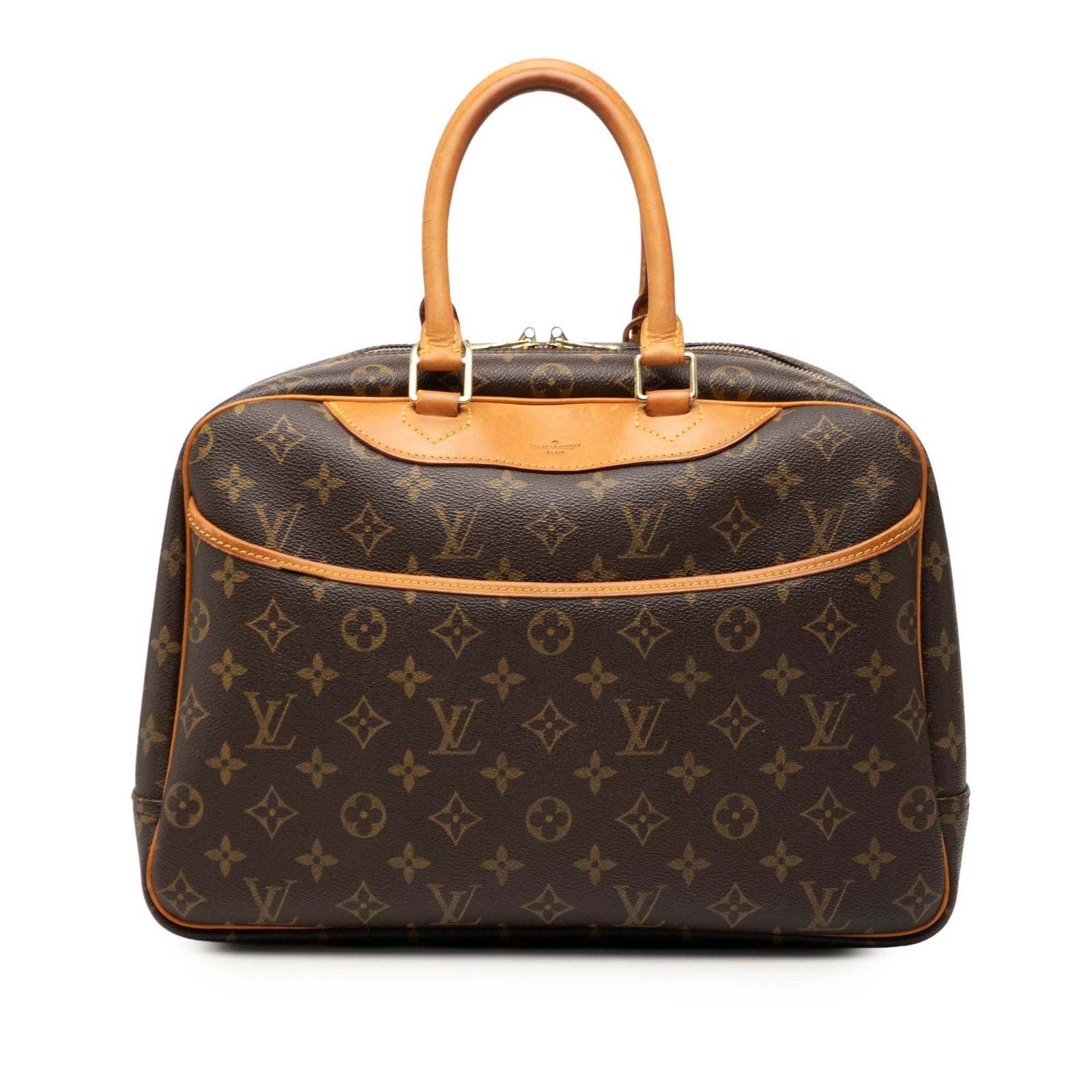 Louis Vuitton Deauville Handbag in Monogram Canvas with Leather Trim: Louis Vuitton Deauville Handbag in Monogram Canvas with Leather Trim This Louis Vuitton Monogram Deauville features a classic monogram canvas body with vachetta leather trim and rolled vachetta leathe