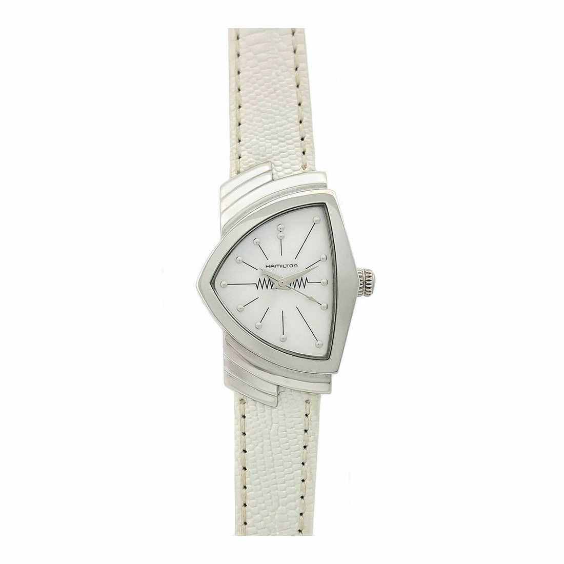 Hamilton Ventura MOP Women's Quartz Steel Wristwatch: Hamilton Ventura MOP Women's Quartz Steel Wristwatch This Hamilton Ventura MOP H242112 is a women's wristwatch featuring a stainless steel case and a white mother-of-pearl dial. The watch is powered b