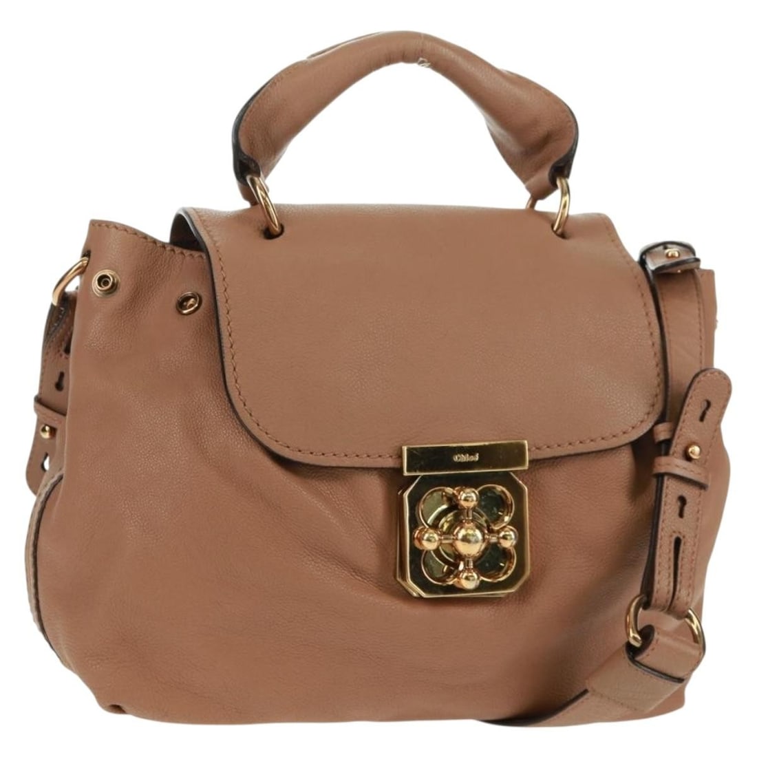 Chloe Elsie Leather Shoulder Bag in Beige and Gold Tones: Chloe Elsie Leather Shoulder Bag in Beige and Gold Tones This Chloe Elsie shoulder bag features beige and gold leather with a sleek and elegant design. The bag includes both a shoulder strap and a han