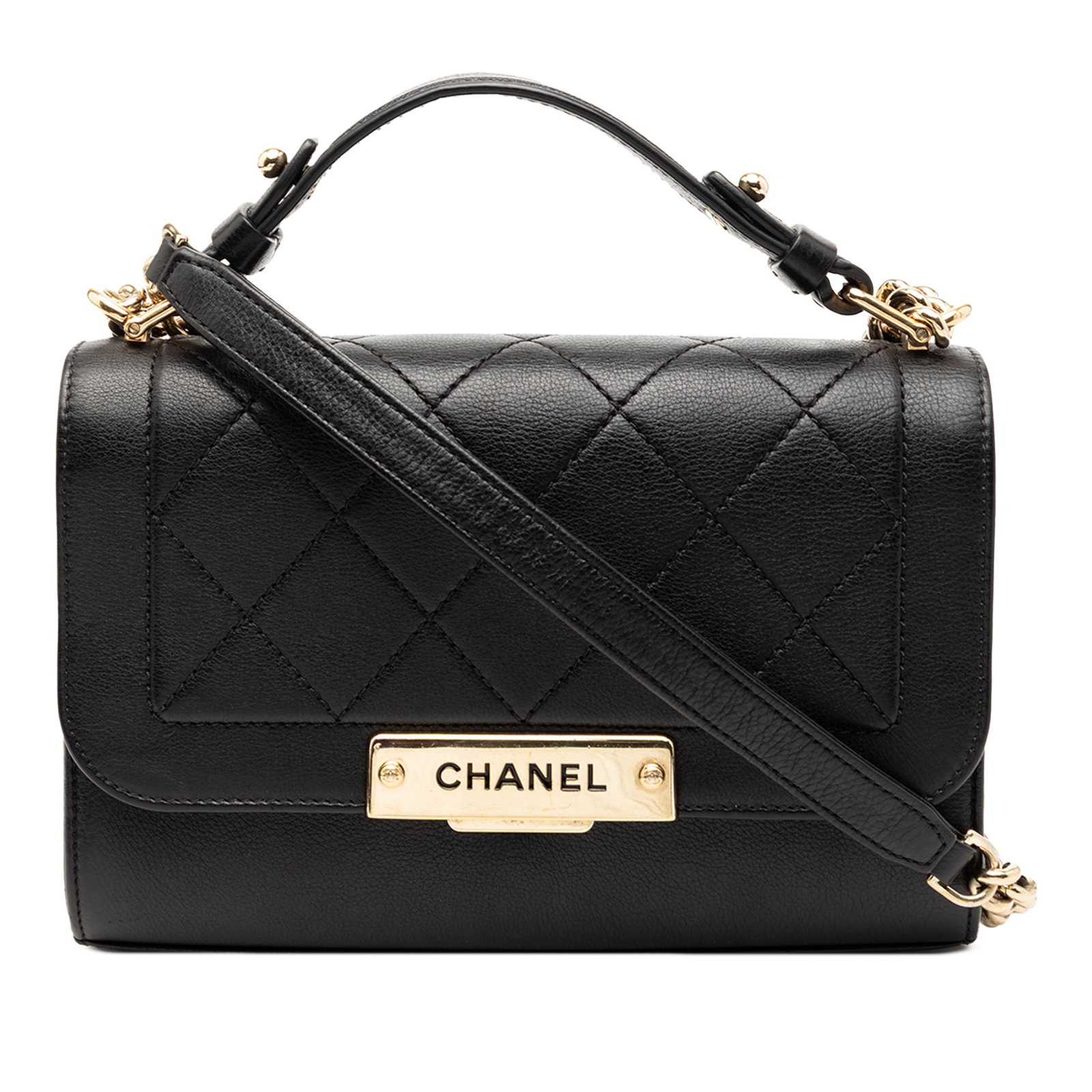 Black Chanel Label Click Flap Small Quilted Grained Calfskin Shoulder Bag: Black Chanel Label Click Flap Small Quilted Grained Calfskin Shoulder Bag The Chanel Small Quilted Grained Calfskin Label Click Flap is crafted in black quilted leather and features a flat leather han