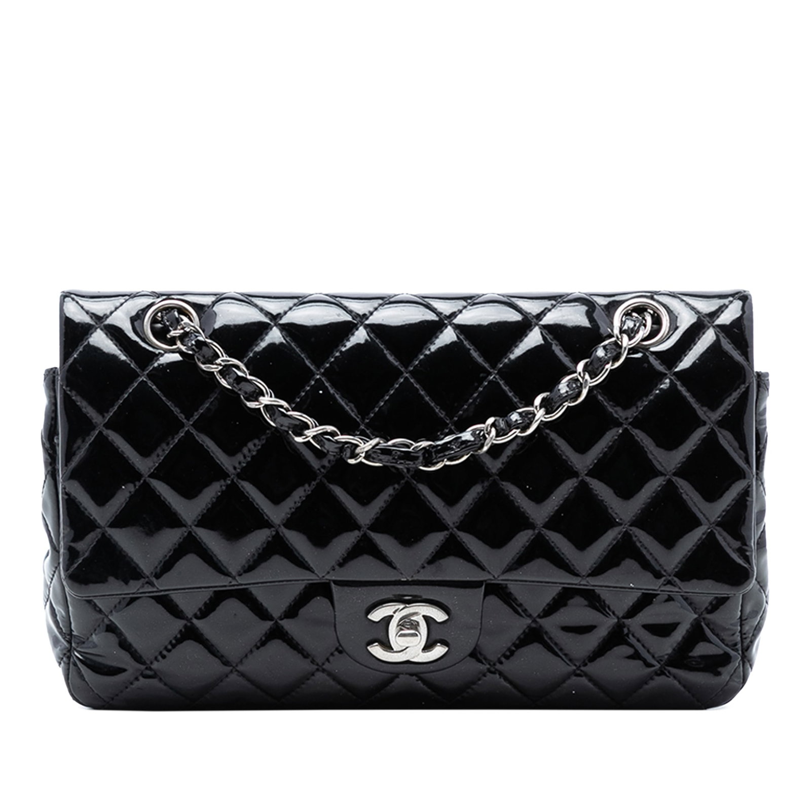 Chanel Black Patent Leather Medium Classic Double Flap Shoulder Bag: Chanel Black Patent Leather Medium Classic Double Flap Shoulder Bag This Chanel Medium Classic Patent Double Flap shoulder bag features a quilted black patent leather body, leather-woven chain shoulde
