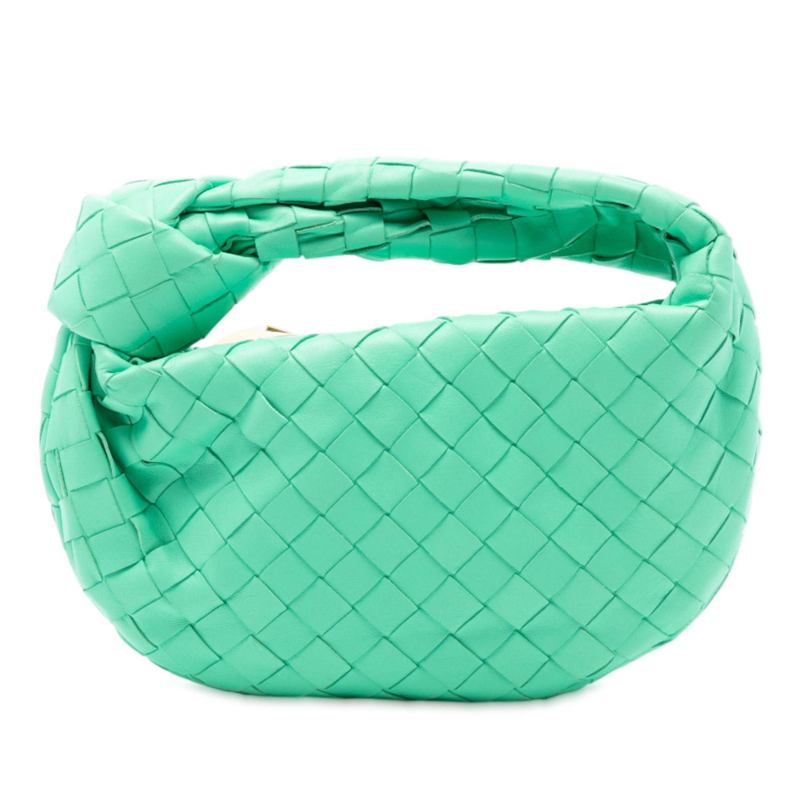 Mini Jodie Green Woven Nappa Leather Bag by Bottega Veneta: Mini Jodie Green Woven Nappa Leather Bag by Bottega Veneta The Bottega Veneta Mini Nappa Intrecciato Jodie features a woven nappa leather body in green with a distinctive woven and knotted handle, fin