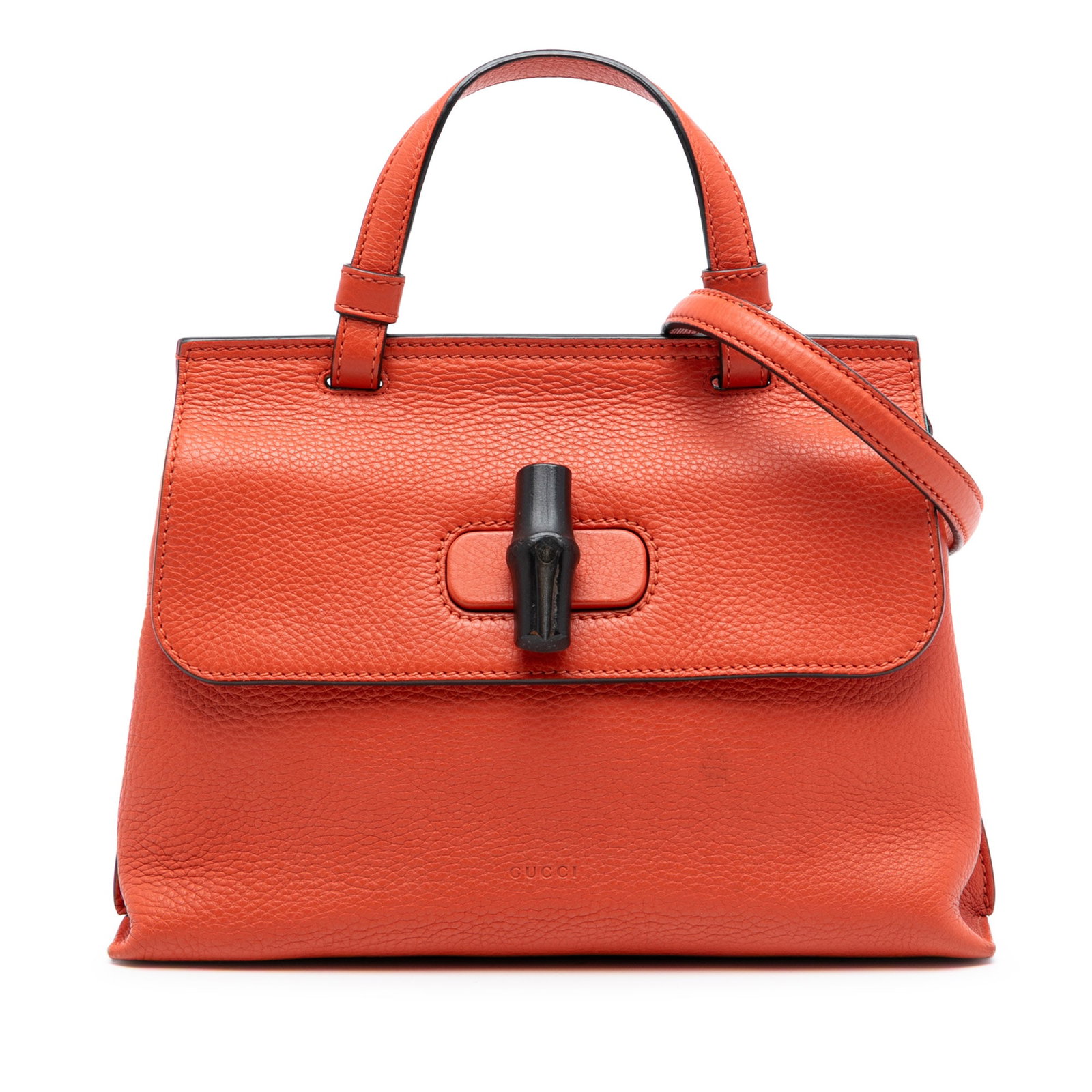 Orange Leather Bamboo Daily Satchel by Gucci with Detachable Strap: Orange Leather Bamboo Daily Satchel by Gucci with Detachable Strap This Gucci Small Leather Bamboo Daily Satchel features an orange leather body with a flat top handle and a detachable flat leather st