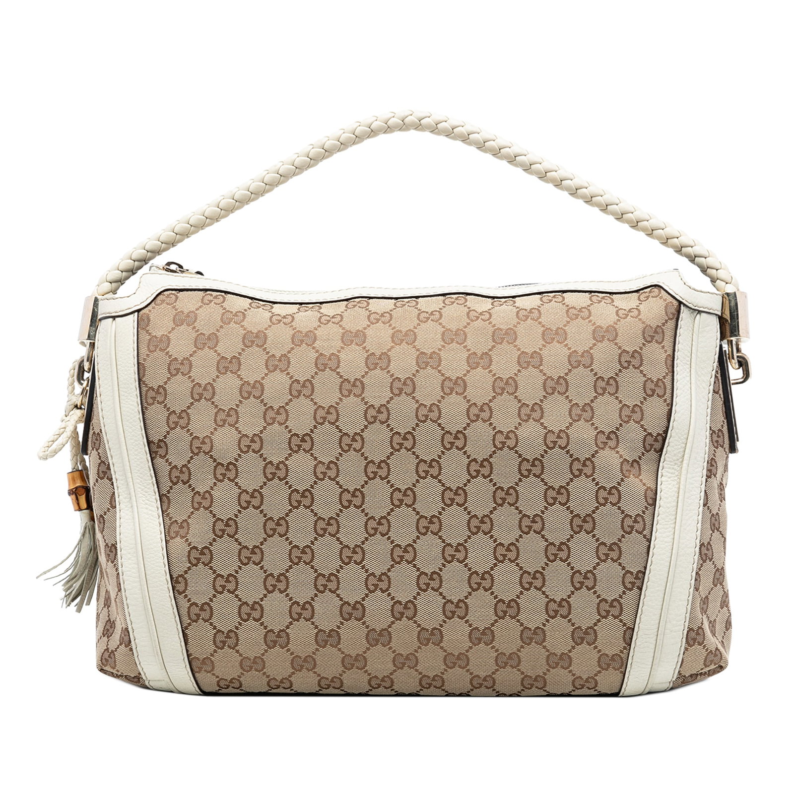 Gucci Bella Medium Shoulder Bag in GG Canvas with Leather Trim: Gucci Bella Medium Shoulder Bag in GG Canvas with Leather Trim This Gucci Medium GG Canvas Bella Shoulder Bag features a beige canvas body with leather trim, a braided leather strap, and a top zip clo
