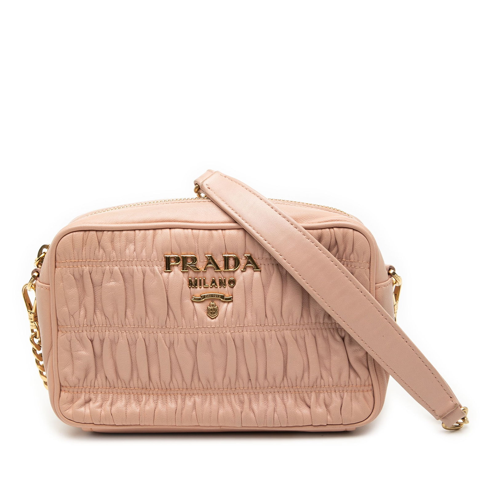 Beige Prada Nappa Gaufre Leather Crossbody Camera Bag with Chain Strap: Beige Prada Nappa Gaufre Leather Crossbody Camera Bag with Chain Strap This Prada Nappa Gaufre Camera Bag is crafted from gathered beige leather and features a chain link strap with a flat leather gua