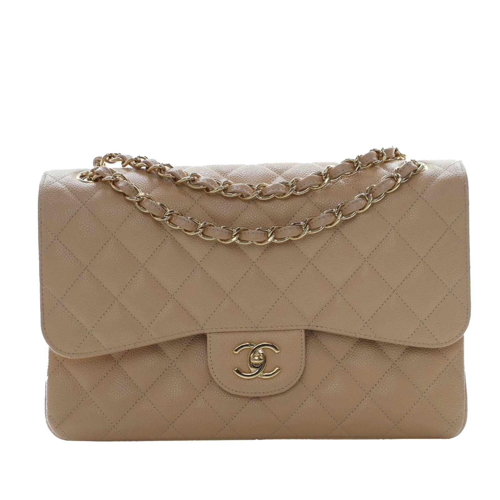 Beige Chanel Jumbo Classic Double Flap Caviar Leather Shoulder Bag: Beige Chanel Jumbo Classic Double Flap Caviar Leather Shoulder Bag This Chanel Jumbo Classic Double Flap shoulder bag is crafted from quilted beige caviar leather and features leather-woven chain link