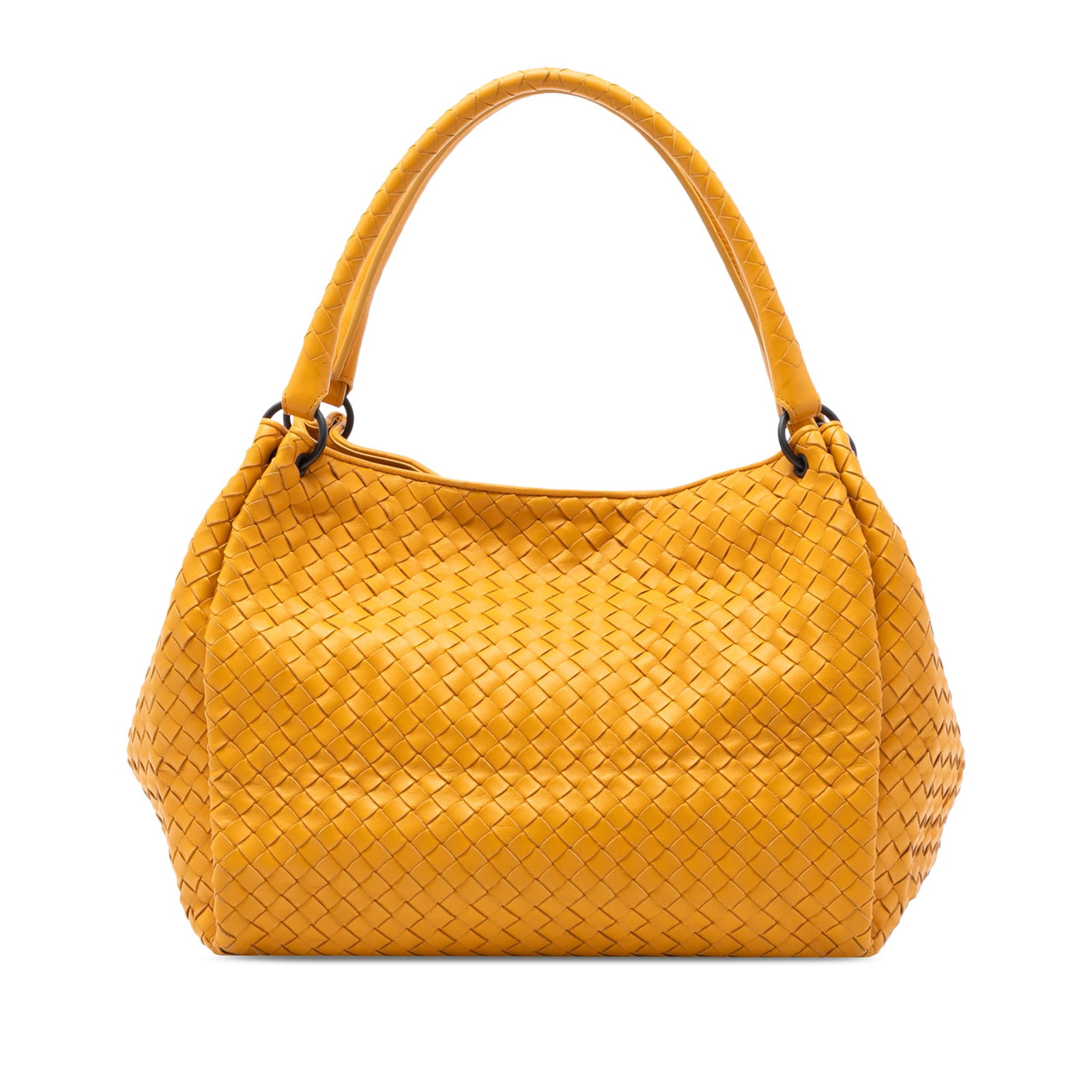 Yellow Bottega Veneta Nappa Intrecciato Parachute Leather Tote Bag: Yellow Bottega Veneta Nappa Intrecciato Parachute Leather Tote Bag This Bottega Veneta Nappa Intrecciato Parachute Tote features a woven yellow leather body, rolled leather handles, an open top, and i
