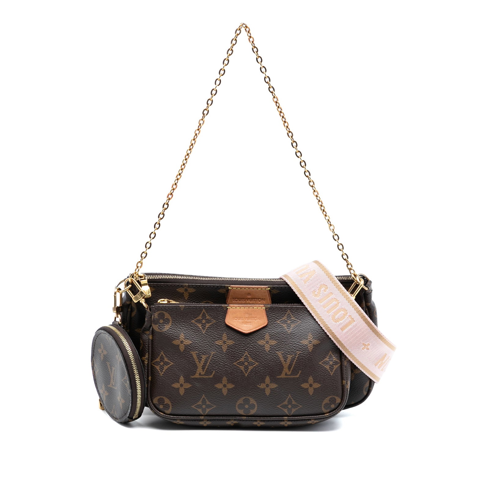 Brown Monogram Canvas Multi Pochette With Removable Mini Pouch and Coin Purse: Brown Monogram Canvas Multi Pochette With Removable Mini Pouch and Coin Purse This Louis Vuitton Multi Pochette Accessoires features a monogram canvas body with brown coloring. It includes a detachabl