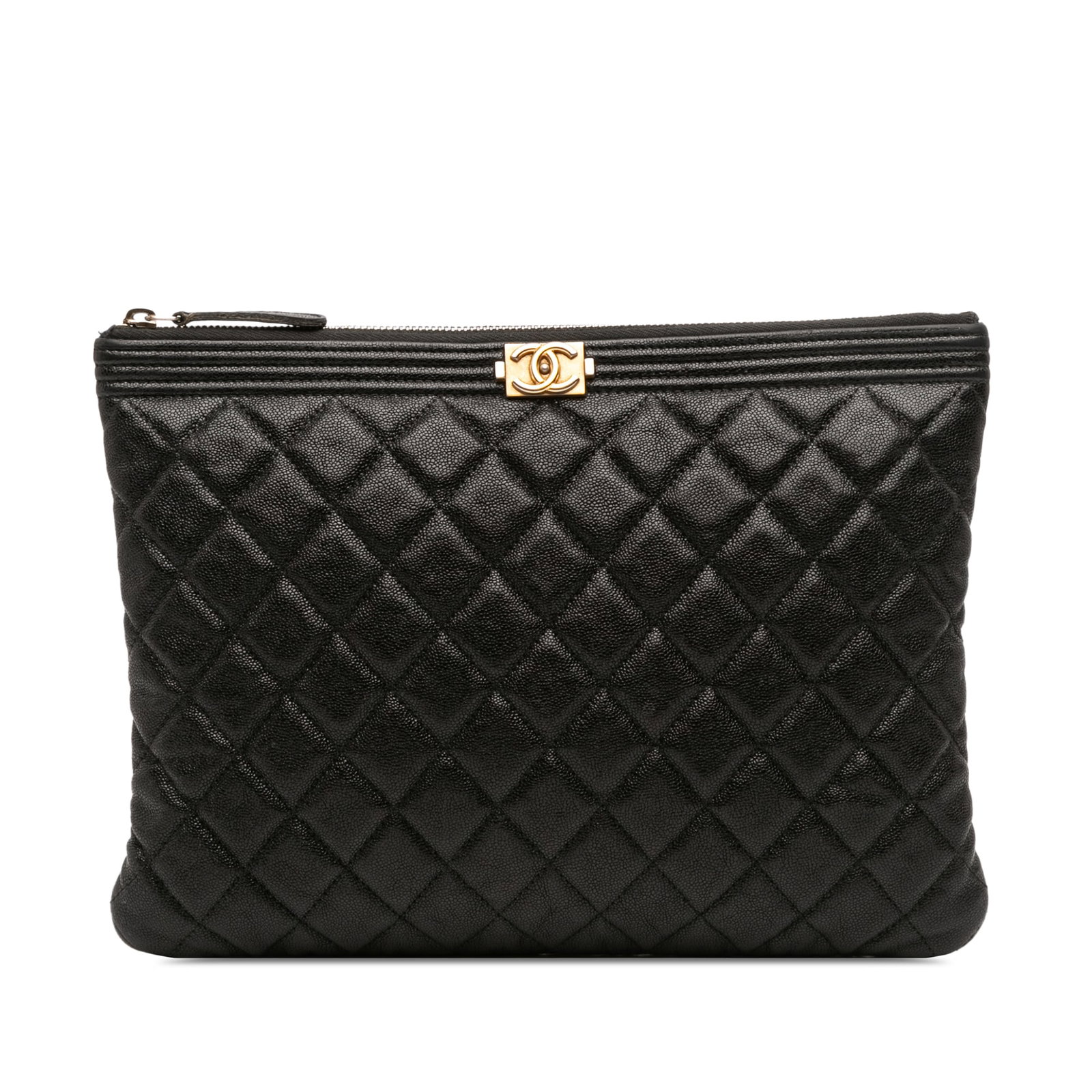 Black Leather Quilted Medium Boy O Case Clutch by Chanel: Black Leather Quilted Medium Boy O Case Clutch by Chanel This Chanel Medium Quilted Caviar Boy O Case Clutch features a black quilted caviar leather exterior with a top zip closure and an interior zip
