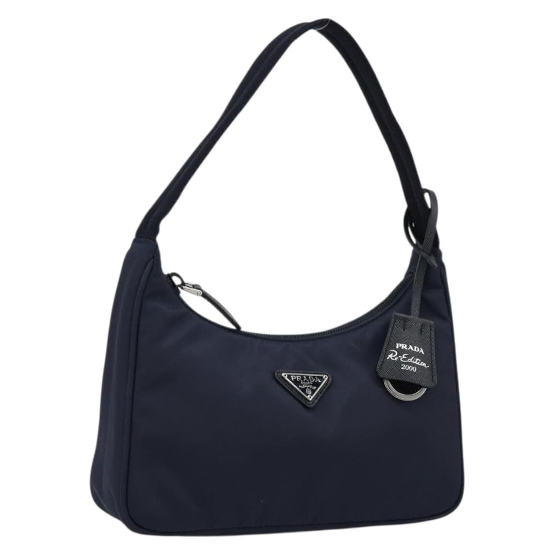Prada Reedition nylon navy silver women handbag with guarantee card: Prada Reedition nylon navy silver women handbag with guarantee card This PRADA Reedition hand bag features a sleek navy nylon exterior with silver-tone accents. Designed for women, the bag offers a co