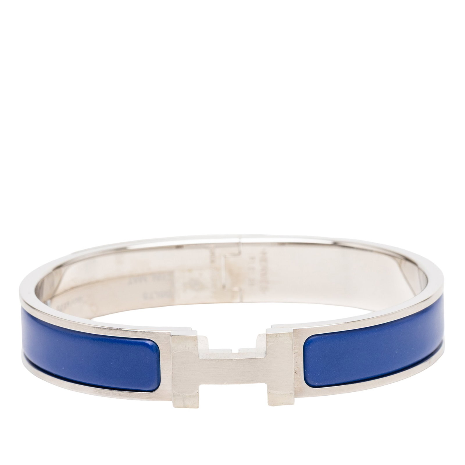 Hermes Blue Clic H PM Palladium Plated Enamel Narrow Bracelet: Hermes Blue Clic H PM Palladium Plated Enamel Narrow Bracelet This Hermes Narrow Enamel Clic H Bracelet PM features a palladium-plated metal and enamel body with a signature H toggle clasp. The bracel