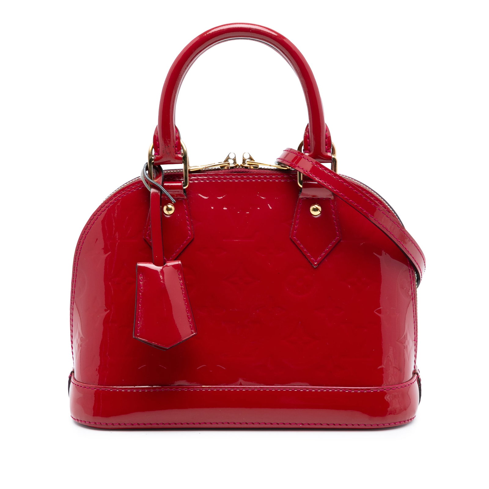 Louis Vuitton Alma BB Red Vernis Leather Crossbody Satchel with Strap: Louis Vuitton Alma BB Red Vernis Leather Crossbody Satchel with Strap This Louis Vuitton Monogram Vernis Alma BB handbag is crafted from vernis leather in a striking red color and features rolled leat