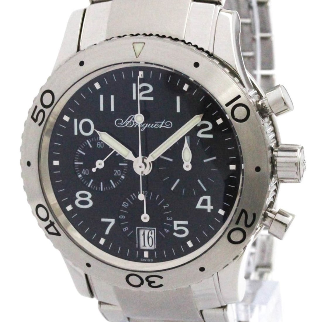 Breguet Transatlantique 3820 Automatic Chronograph Steel Watch: Breguet Transatlantique 3820 Automatic Chronograph Steel Watch This Breguet Transatlantic Type XX men's wristwatch features a stainless steel case and bracelet, paired with a black dial for a classic 