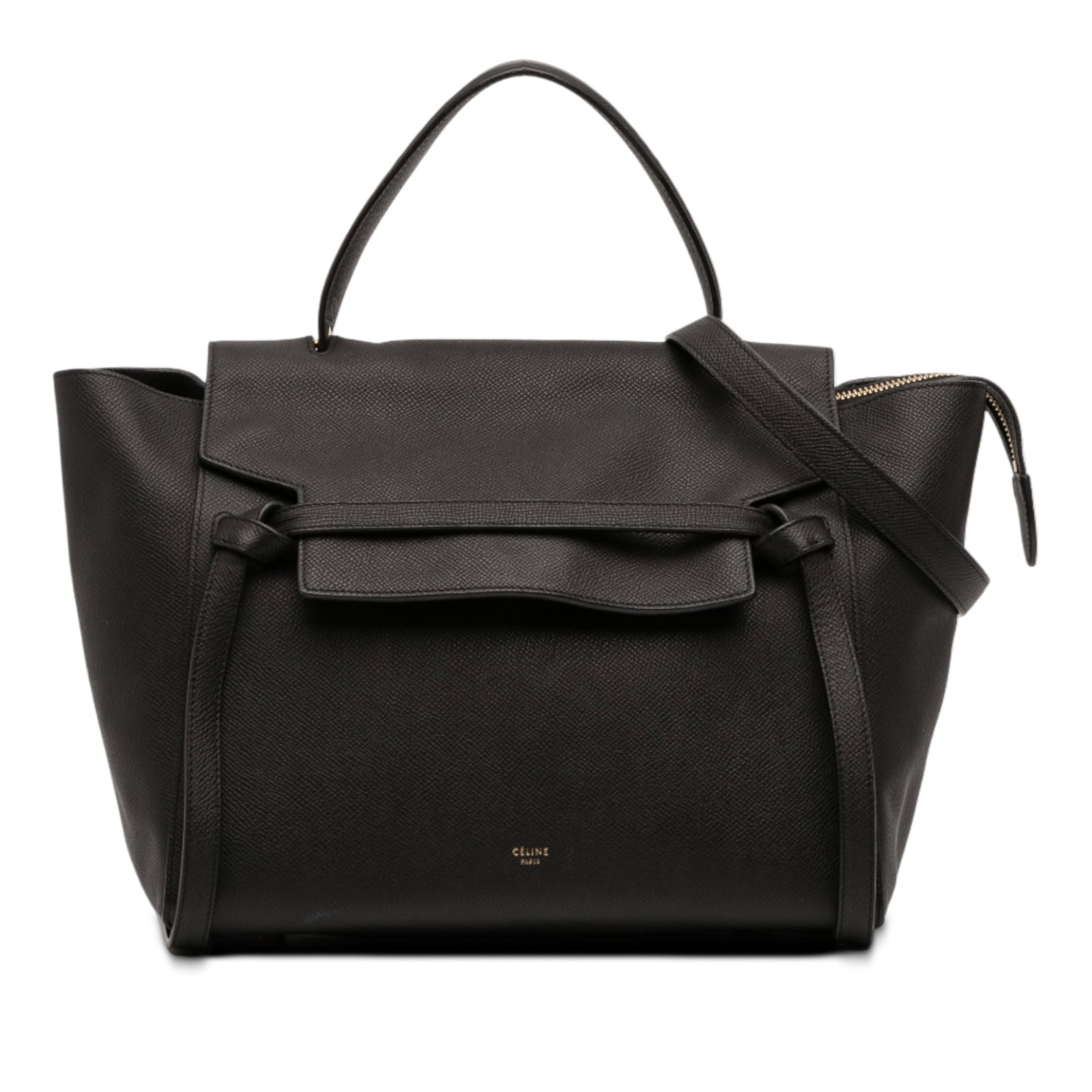 Celine Mini Belt Bag in Black Grained Calfskin Leather with Strap: Celine Mini Belt Bag in Black Grained Calfskin Leather with Strap This Celine Mini Grained Calfskin Belt Satchel features a black leather body with a flat leather top handle and a detachable flat leat