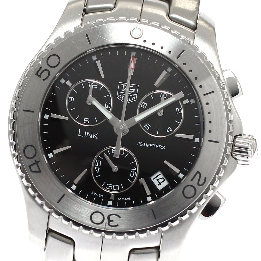 TAG Heuer Link quartz chronograph men's stainless steel wristwatch: TAG Heuer Link quartz chronograph men's stainless steel wristwatch This TAG HEUER Link Chronograph Quartz men's wristwatch features a stainless steel case and band with a black dial. The watch is equi