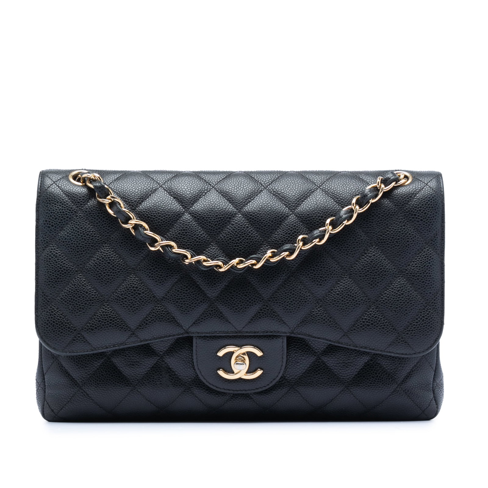 Chanel Black Caviar Leather Jumbo Double Flap Shoulder Bag: Chanel Black Caviar Leather Jumbo Double Flap Shoulder Bag This Chanel Jumbo Classic Caviar Double Flap shoulder bag is crafted from quilted caviar leather in black, featuring leather-woven chain stra