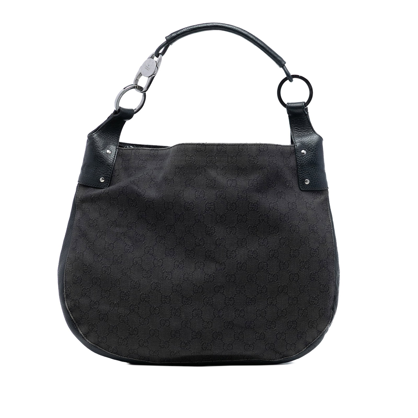 Gucci GG Denim Black Fabric Shoulder Bag with Leather Trim: Gucci GG Denim Black Fabric Shoulder Bag with Leather Trim This Gucci GG Denim Shoulder Bag features a denim body with leather trim, a rolled leather handle, an open top with a magnetic snap closure, 