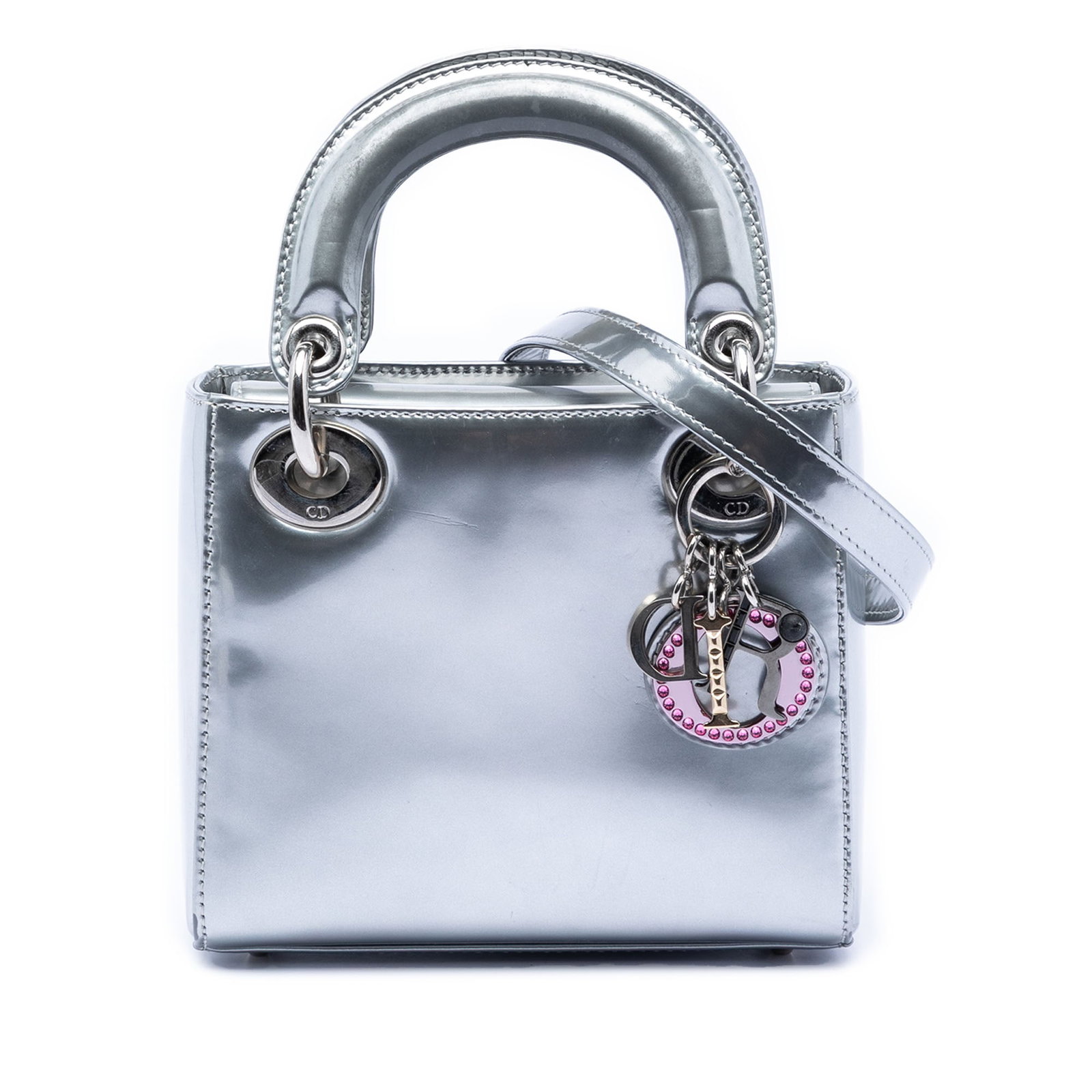 Mini Metallic Patent Lady Dior Bag Silver Limited Edition Beijing China World: Mini Metallic Patent Lady Dior Bag Silver Limited Edition Beijing China World This limited edition Lady Dior Mini bag features a metallic patent calfskin leather exterior in silver, with flat leather 