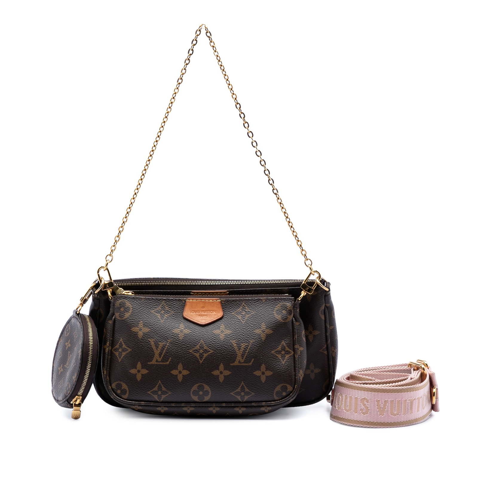 Louis Vuitton Brown Monogram Multi-Pochette Canvas Shoulder Bag with Coin Pouch: Louis Vuitton Brown Monogram Multi-Pochette Canvas Shoulder Bag with Coin Pouch This Louis Vuitton Monogram Multi Pochette Accessoires features a monogram canvas exterior with a detachable chain link 