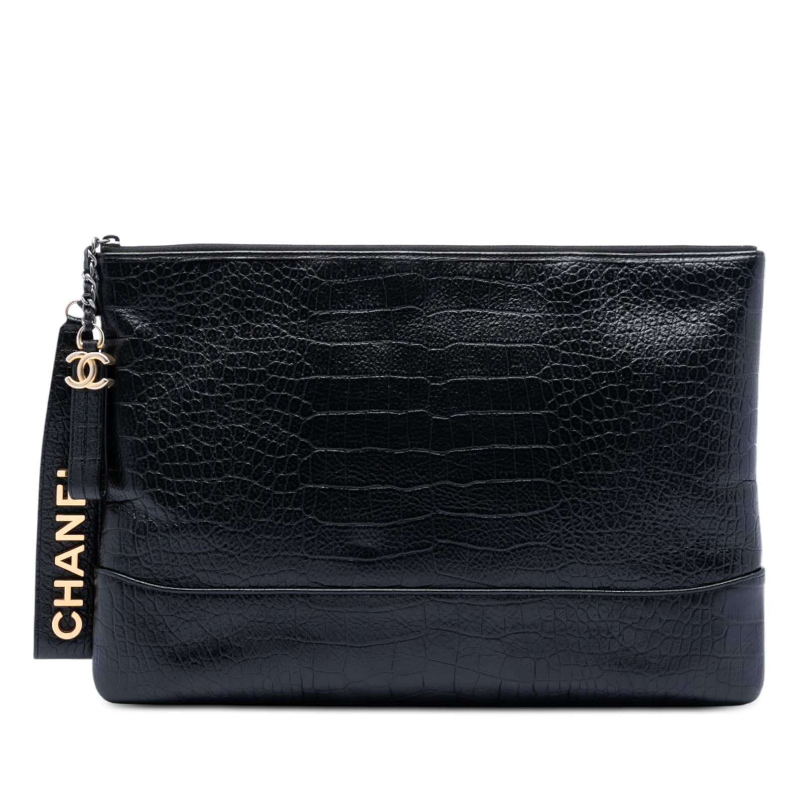 Chanel Gabrielle Croc Embossed Medium Black Calfskin Cosmetic Clutch Bag: Chanel Gabrielle Croc Embossed Medium Black Calfskin Cosmetic Clutch Bag This Chanel Medium Croc Embossed Calfskin Gabrielle Cosmetic Case is crafted from embossed calfskin leather in black, featuring