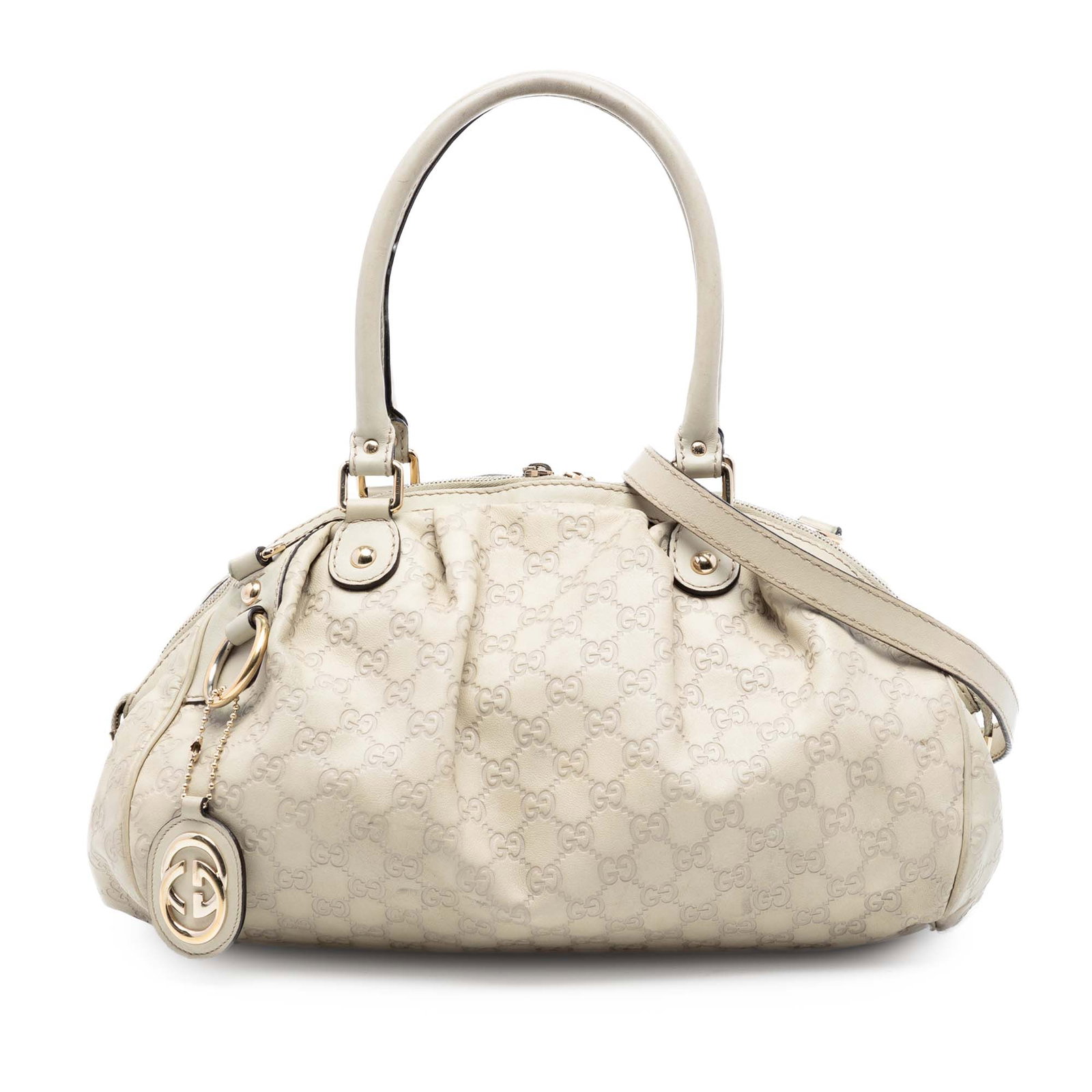Gucci Sukey White Embossed Leather Satchel with Detachable Strap: Gucci Sukey White Embossed Leather Satchel with Detachable Strap The Sukey satchel features an embossed leather body with rolled leather handles and a detachable flat leather strap. It offers a top zi