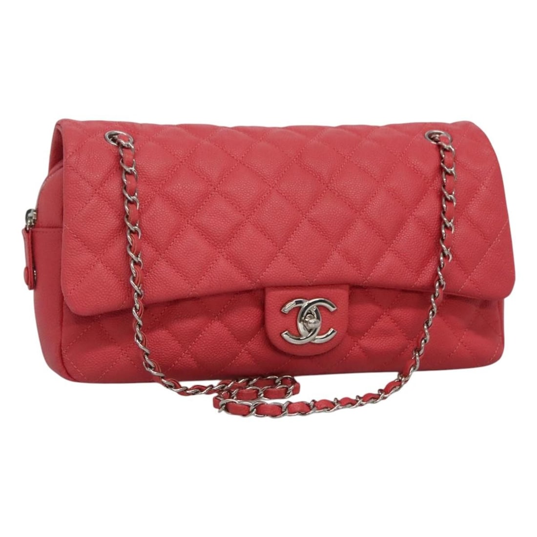 Pink Calfskin Flap Shoulder Bag by Chanel 31cm x 17cm x 6cm: Pink Calfskin Flap Shoulder Bag by Chanel 31cm x 17cm x 6cm This Chanel Flap Shoulder Bag features a quilted lambskin design in pink, crafted for a feminine look. The bag is made from calfskin and inc
