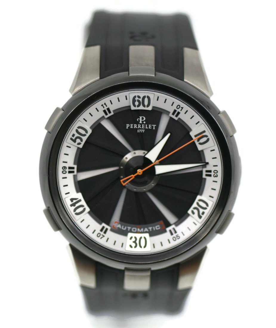 Perrelet Turbine Chronograph A1050/4 Stainless Steel Black Dial Watch: Perrelet Turbine Chronograph A1050/4 Stainless Steel Black Dial Watch This Perrelet Turbine Chronograph wristwatch combines functionality and style, featuring a robust stainless steel case with a stri